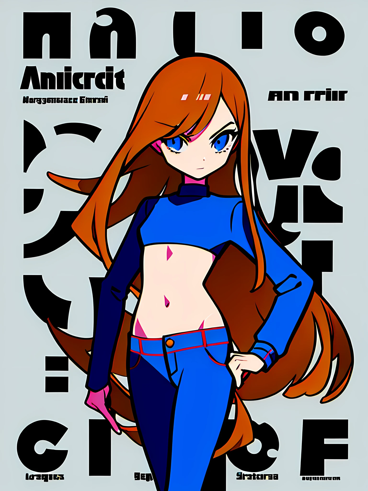 masterpiece, good quality, typography, 1girl, cowboy shot, crop top, long pants, flat clolor, (pop art, cyber:0.5), simple background, (distorted, deformed:0.4)