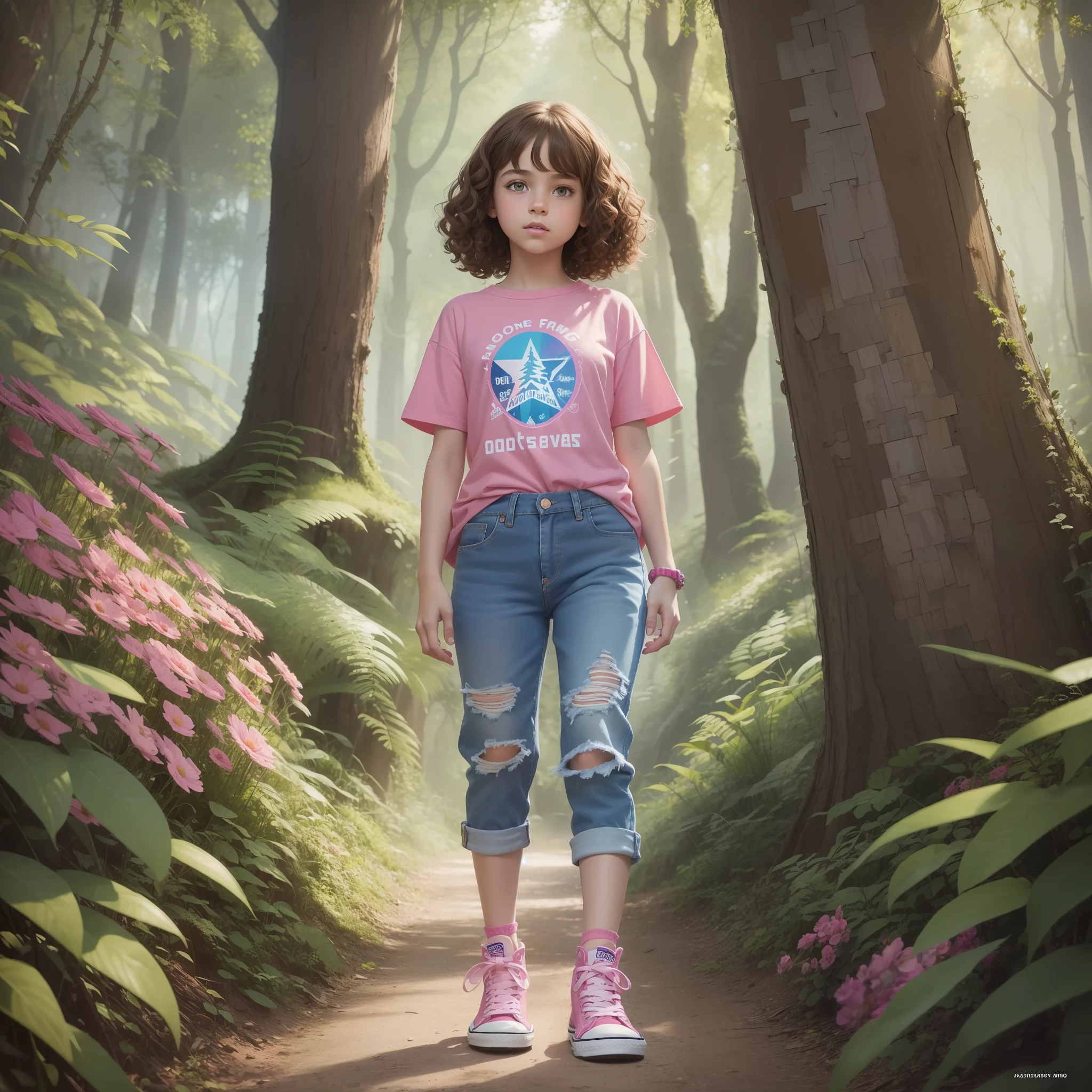 Alexandra the human  girl with curly brown hair,Brown eyes, using blue jeans, pink t shirt and pink shoes converse style, without garments, watching a magical portal yo the enchanted forest, ilustration colorful, highly detailed, 8k, comic --auto --s2