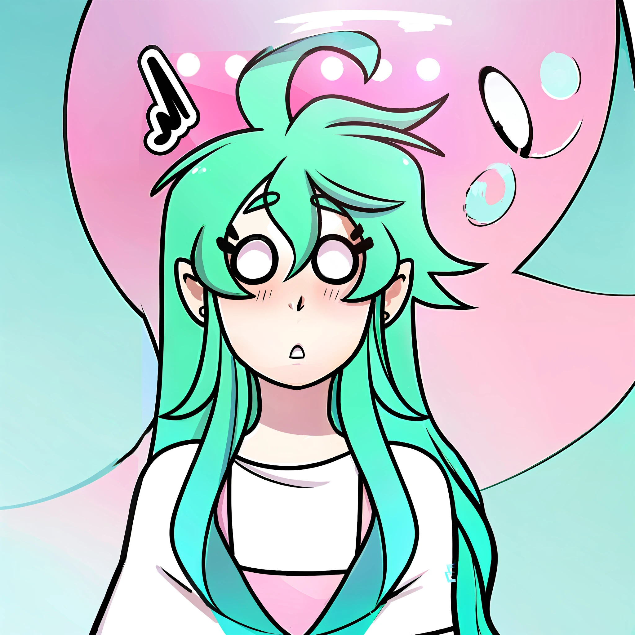 a cartoon girl with green hair and a white shirt, mikudayo, ahegao face, anime girl with teal hair, glowing mint face, ahegao, 2 d anime style, colored manga panel, colored sketch anime manga panel, she has a cute expressive face, punchable expression, sona is a slender, disgust, looking surprised, in an anime style