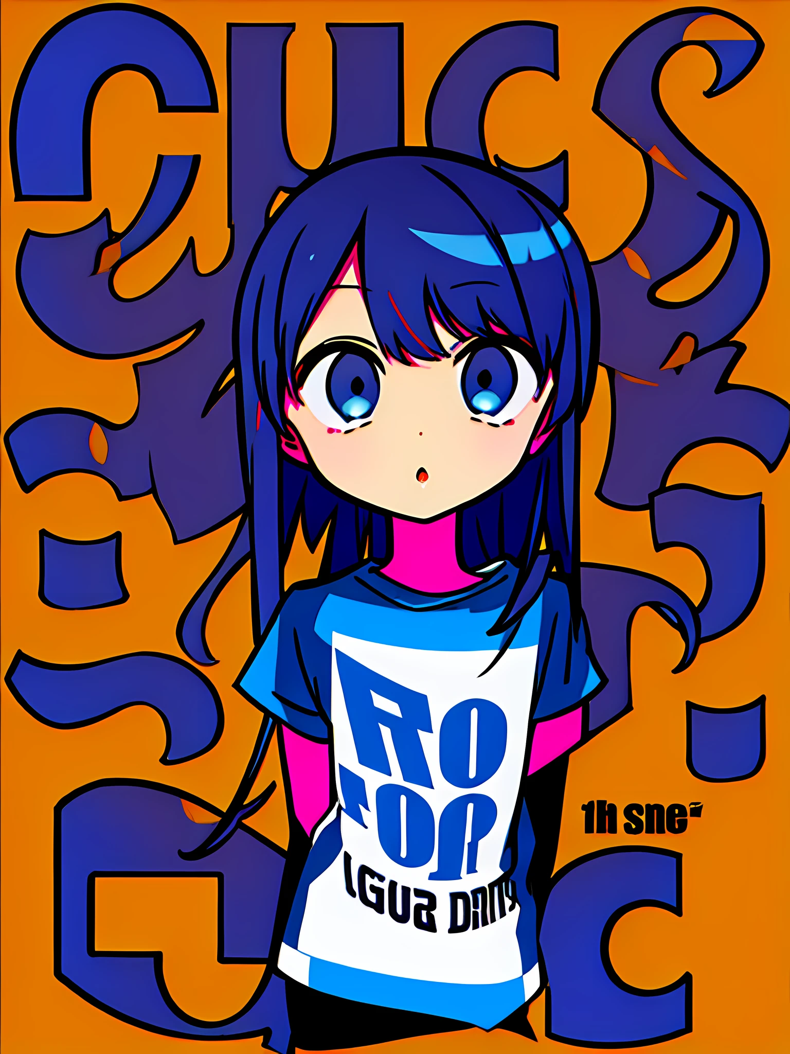 masterpiece, good quality, typography, 1girl, upper body, t-shirt, flat clolor, (pop art, cyber:0.5), simple background, (distorted, deformed:0.4)