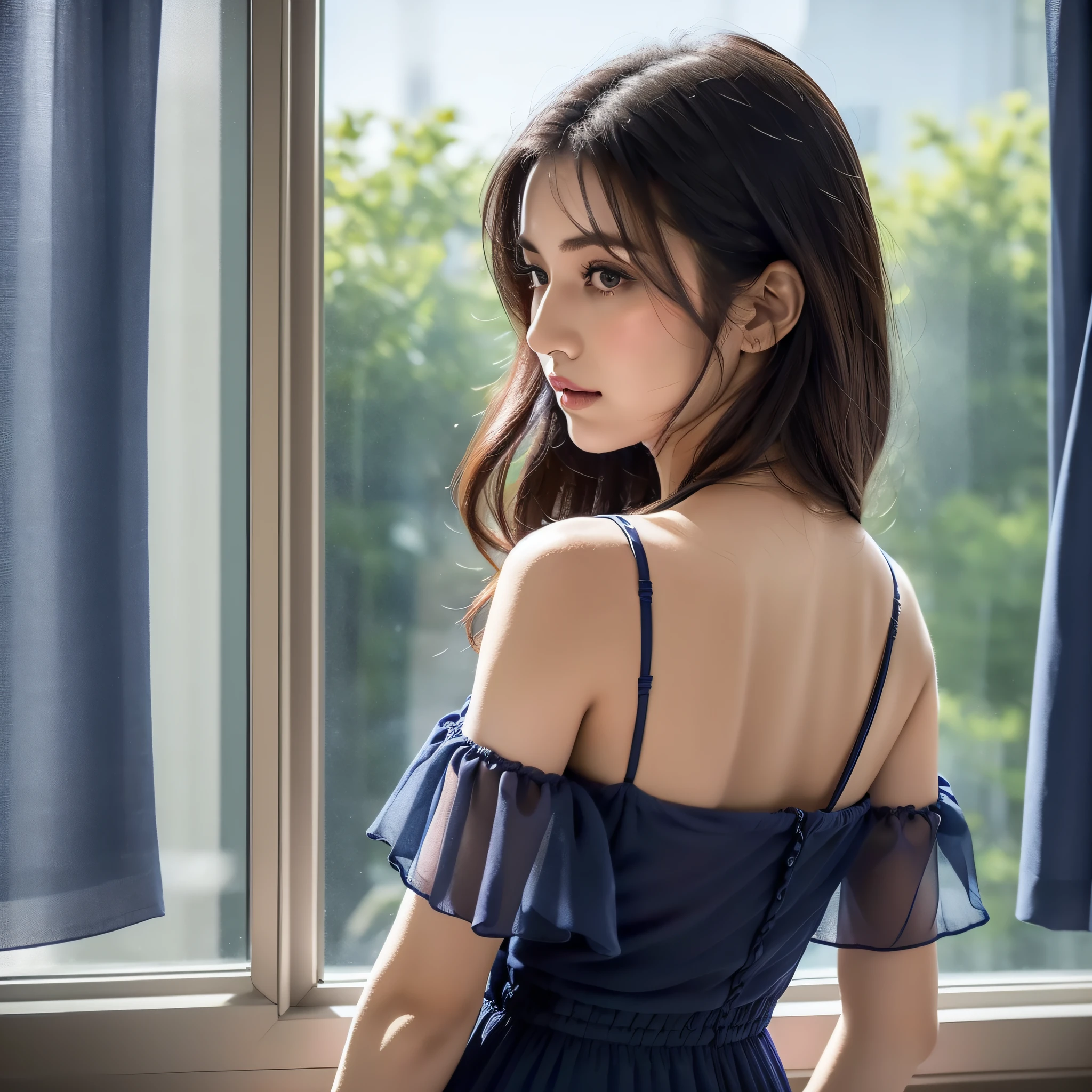 Arakfi woman in navy blue dress looking out the window, photography mode, chiffon fabric, fine fabric texture, slip dress, fluent dress, elegant navy blue dress, elegant dress, upper body view, wearing dress, (side) silhouette, elegant dress, wearing dress, rear view, tight
