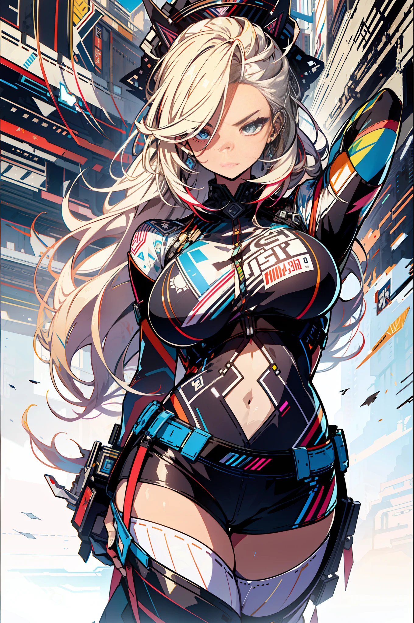 background, mixed-language_text, Japanese letters in graffit, girls, long blonde hair, excellent lighting, sidelighting, perfect ultimate (flat color: 1.3), (magazine_cover: 1.4), (multicolored_background: 1.3), striped_background, card_background, :: discs with sharp and shiny blades in the hand :: circular pieces of white metals glued to the ultra detailed arms coming out sparkling glow, black star design stamped in the middle of the shirt , perfect and detailed, ultra detailed shirt with abstract design and with Japanese letter print in graffiti on the sides of the clothes, image of girls with big breast, on top of a futuristic motorcycle, with immersive effects, hover effect, background graffiti style tribal tattoo with flowers and vibrant colors, "ultra HDR" detailed and with focus effect, (masterpiece: 1.2, best quality), (beautiful eyes with huge eyelashes finely detailed: 1.2), , ((Solo)), (Finely detailed eyes and detailed face :1.3), in various full-body attack poses, (cute background: 1.2),futuristic costume, super detailed circular metals Grabbed on arms and pants, fantastic paintings
