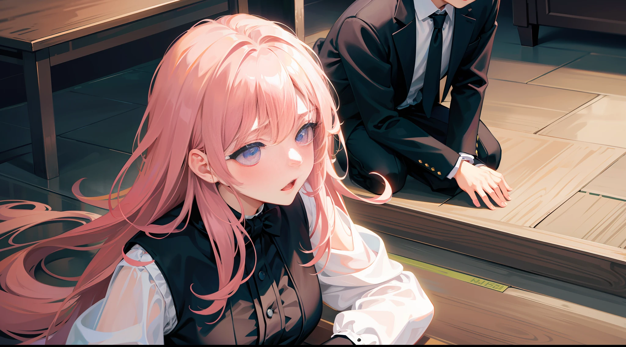 Masterpiece, best quality, super detailed, illustration, beautiful detailed eyes, close up, there is a boy and a girl in the room. It is a white slip dress with pink hair. The boy is black hair, black suit clothes pants. The boy's hand was raised, and the girl was squatting on the ground aggrieved, and there was a black suit on the ground