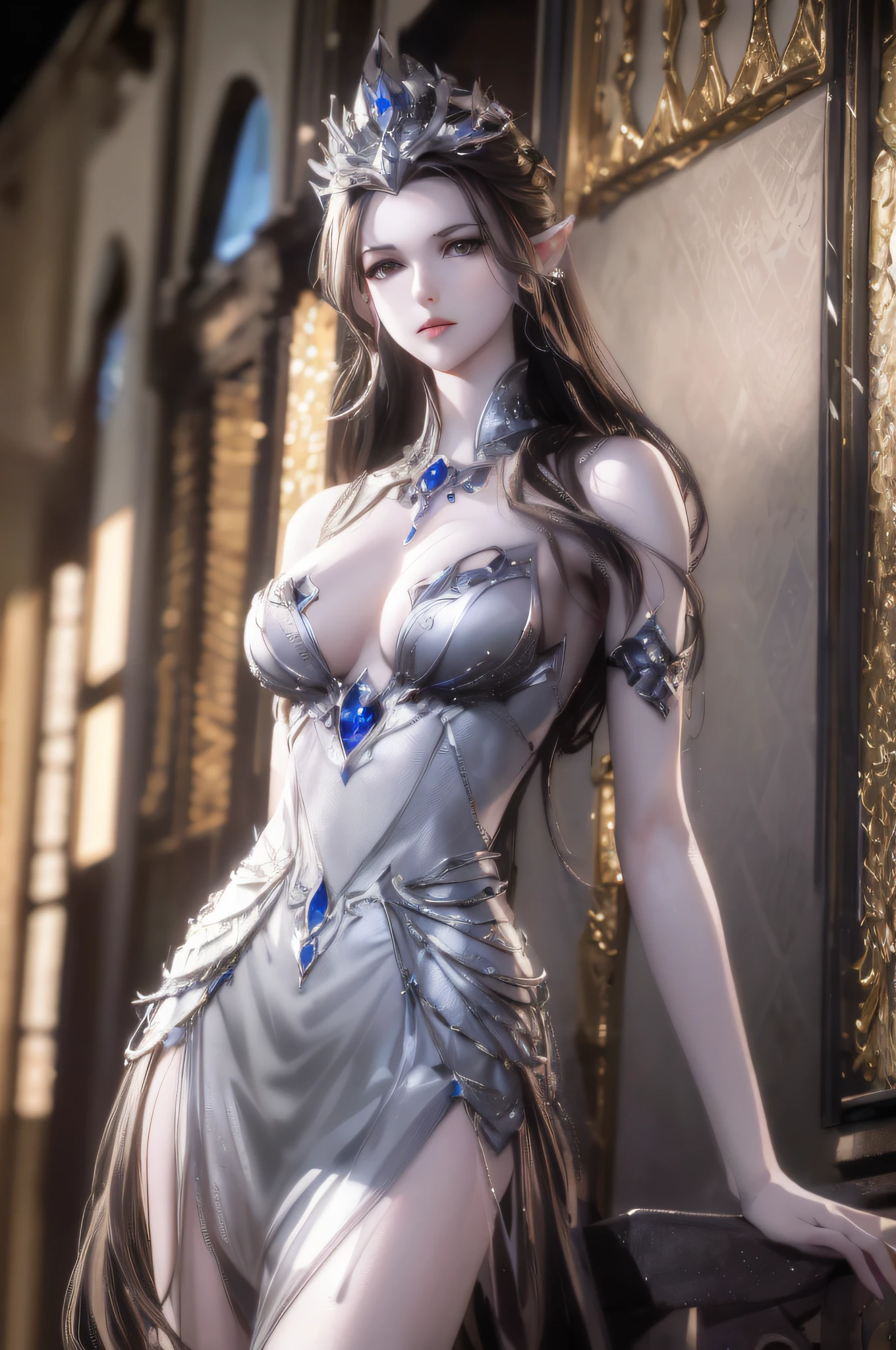 arafed woman in a silver dress posing in front of a mirror, ((a beautiful fantasy empress)), beautiful and elegant elf queen, a beautiful fantasy empress, royal elegant pose, goddess. extremely high detail, elegant lady with alabaster skin, 8k high quality detailed art, beautiful and elegant female elf, elegant cinematic pose, alluring elf princess knight --auto --s2