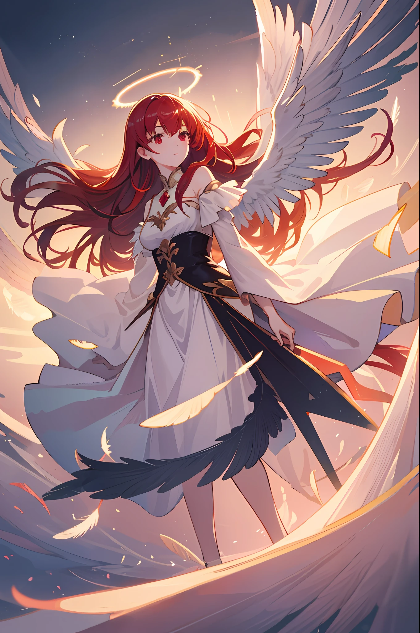 Extremely delicate and beautiful CG illustration, best quality, high resolution, dynamic angle, full-length lens, (1 girl), red eyes and straight red long hair, floating, soft light, high-key lighting), angel, 2 pairs of big wings, glowing light, halo, feathers fluttering background, red crystal