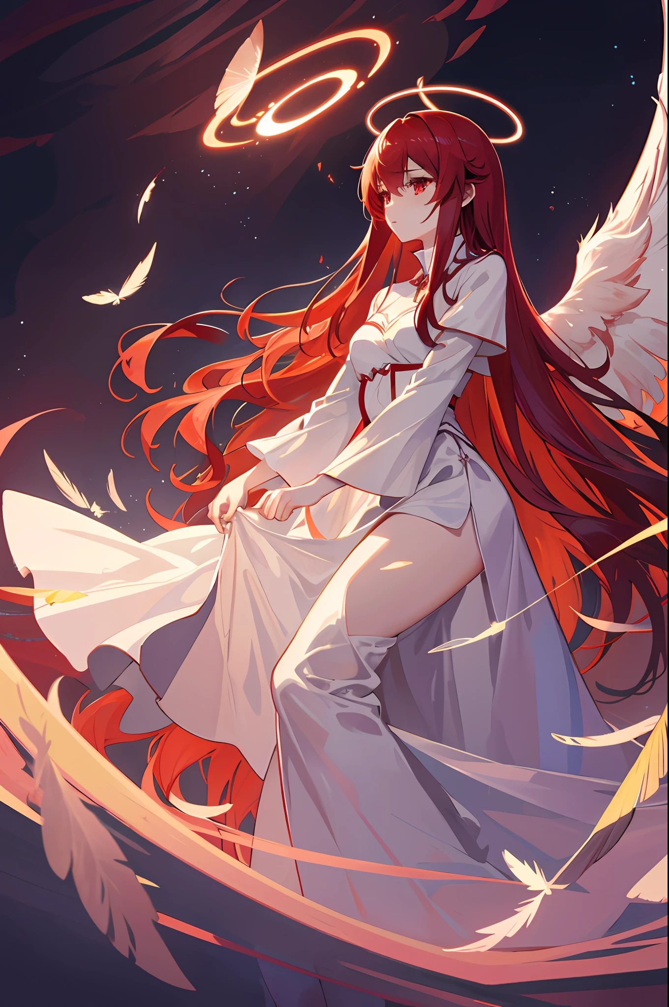 Extremely delicate and beautiful CG illustration, best quality, high resolution, dynamic angle, full-length lens, (1 girl), red eyes and straight red long hair, floating, soft light, high-key lighting), angel, 2 pairs of big wings, glowing light, halo, feathers fluttering background, red crystal