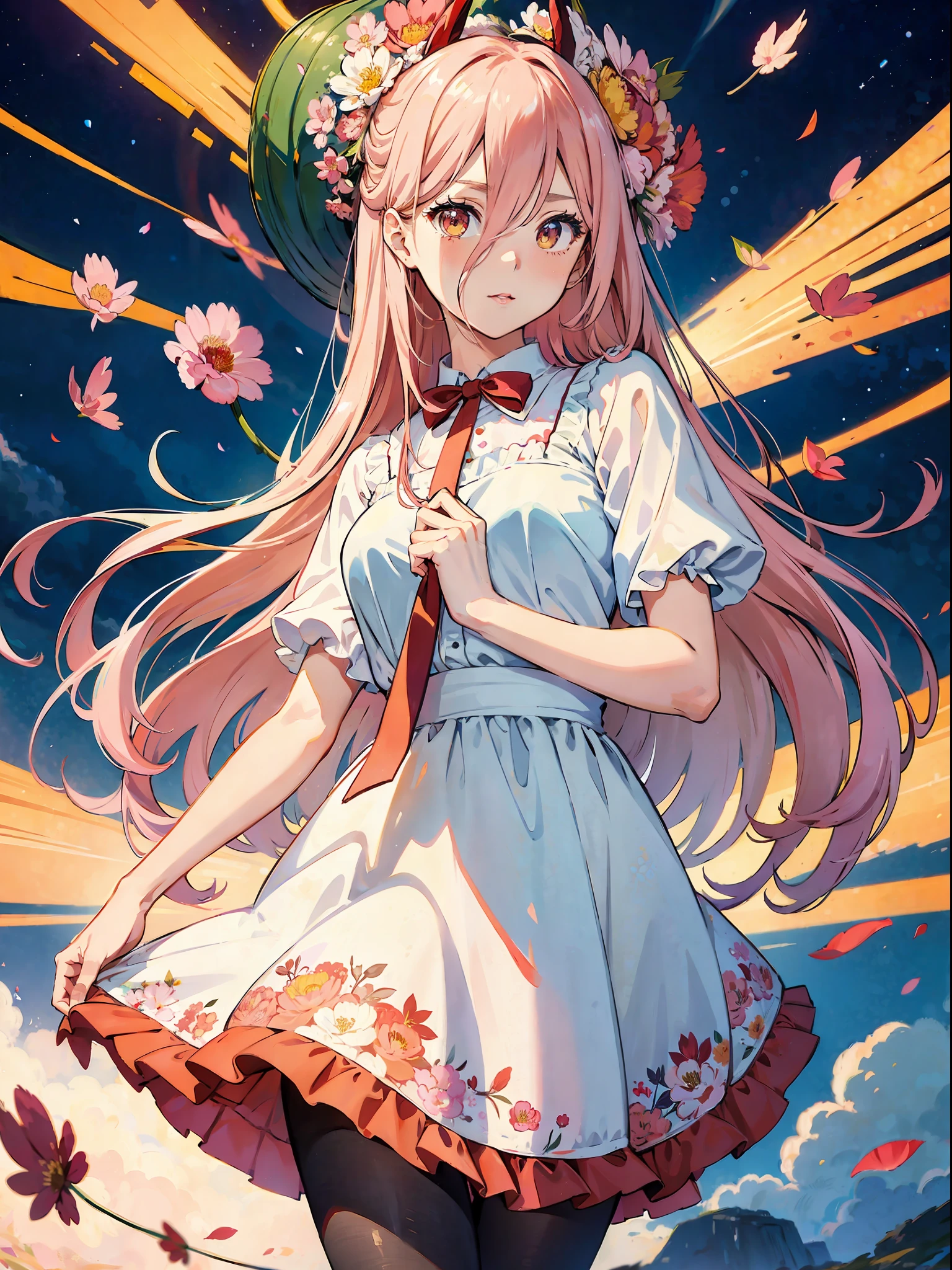 (masterpiece, high quality, highres,illustration),blurry background,[(white background:1.2)::5],cowboy shot, spring \(season\),(no light:1.1),(temptation:1.2),elegance, (1loli:1.1),(very long hair:1.1),pink hair, (blush:0.7),floating hair,ahoge,deep sky,star \(sky\), (summer (Floral:1.2) dress:1.1),outline,(see-through:0.85),shining,long straight hair, (polychromatic peony:1.15),Movie poster,(colorful:1.1),ornament,petals,(pantyhose:1.1), ribbon,