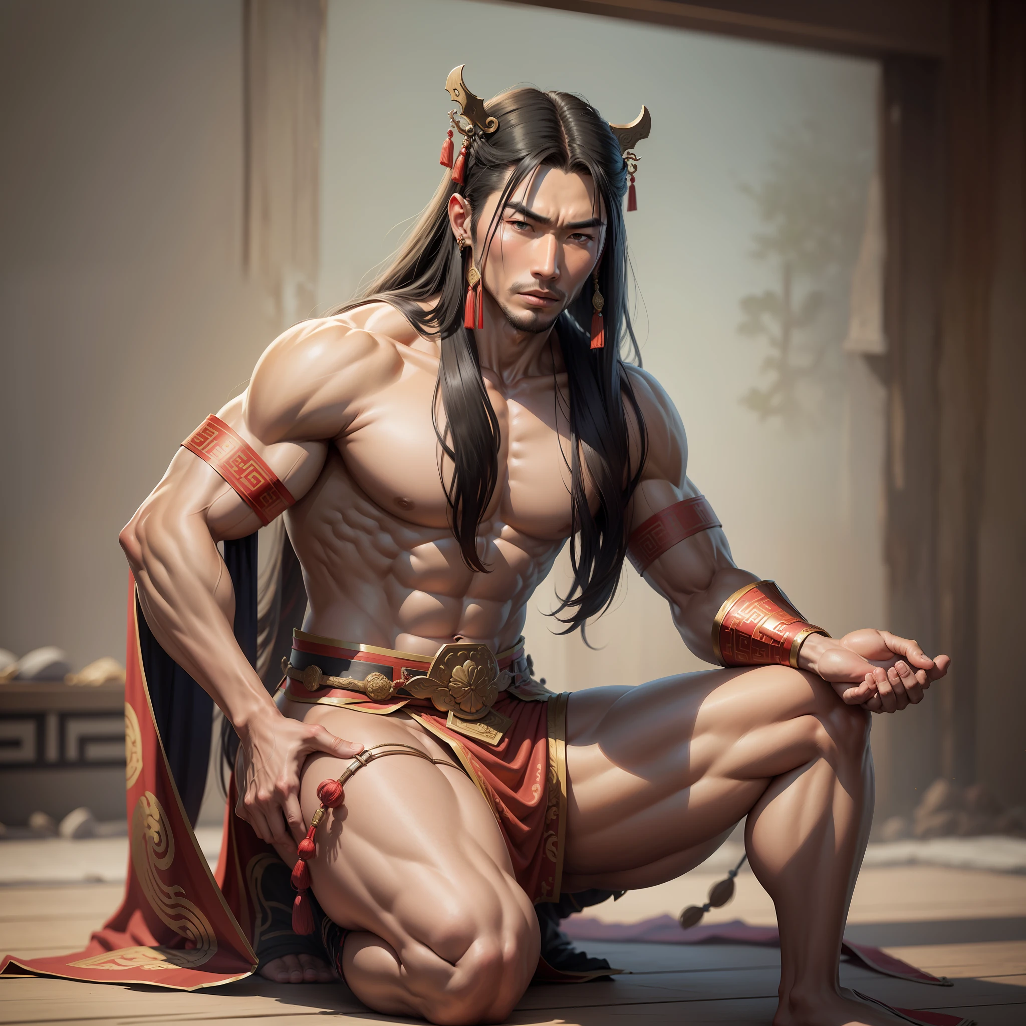 Realistic,Hot muscular Male concubine in the Han dynasty on his knees, wearing ancient revealing Chinese dress with long hair and masculinefeatures. --auto --s2