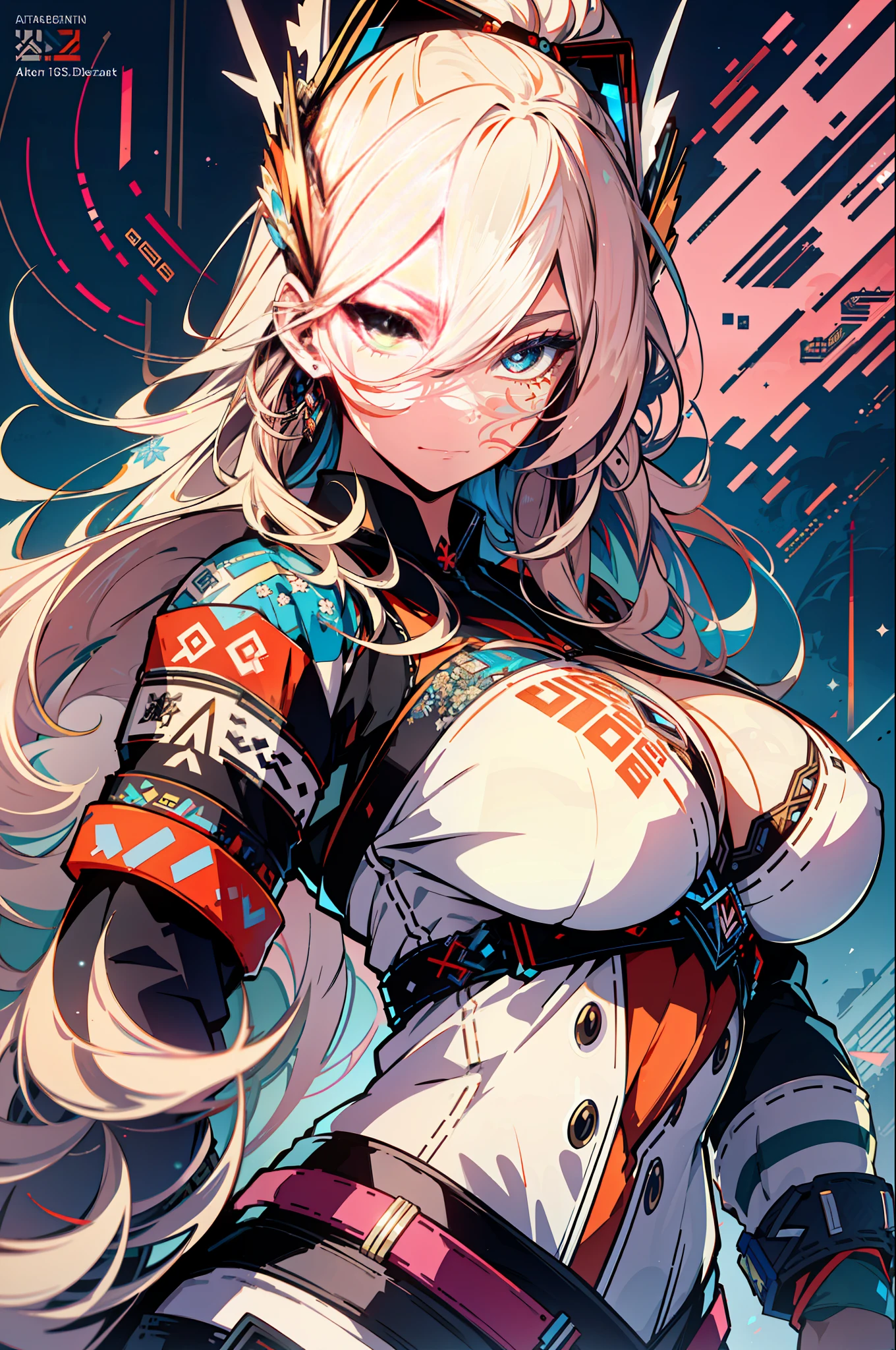 background, mixed-language_text, Japanese letters in graffit, girls, long blonde hair, excellent lighting, sidelighting, perfect ultimate (flat color: 1.3), (magazine_cover: 1.4), (multicolored_background: 1.3), striped_background, card_background, :: discs with sharp and shiny blades in the hand :: circular pieces of white metals glued to the ultra detailed arms coming out sparkling glow, black star design stamped in the middle of the shirt , perfect and detailed, ultra detailed shirt with abstract design and with Japanese letter print in graffiti on the sides of the clothes, image of girls with big breast, on top of a futuristic motorcycle, with immersive effects, hover effect, background graffiti style tribal tattoo with flowers and vibrant colors, "ultra HDR" detailed and with focus effect, (masterpiece: 1.2, best quality), (beautiful eyes with huge eyelashes finely detailed: 1.2), , ((Solo)), (Finely detailed eyes and detailed face :1.3), in various full-body attack poses, (cute background: 1.2),futuristic costume, super detailed circular metals Grabbed on arms and pants, fantastic paintings