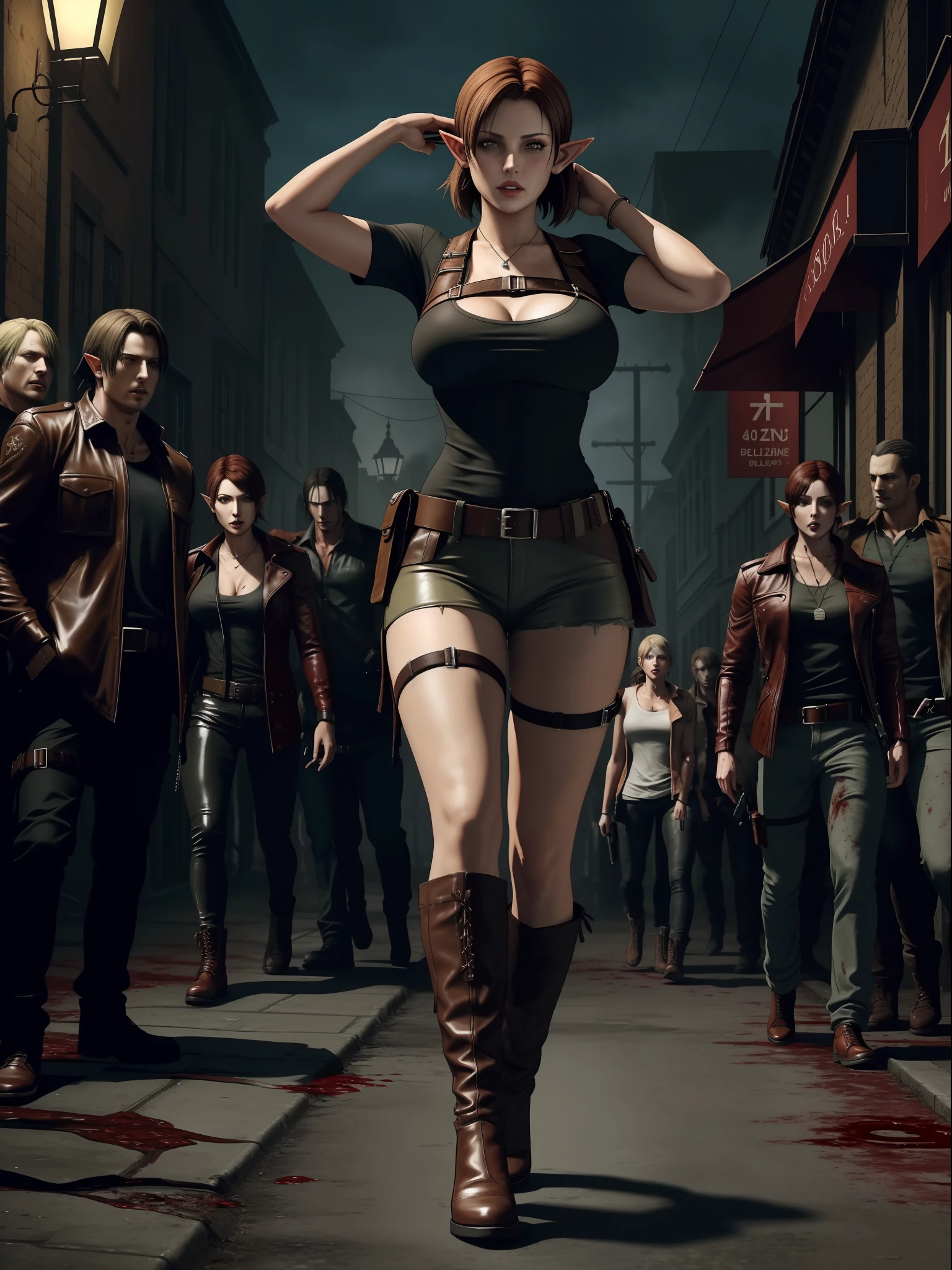 (Resident Evil 4+bloody:1.5), (full-body photo:1.67), (An elf woman and several zombies in the background:1.5), (she has gigantic breasts:1.5), (She's in Resident Evil 4+Leon's clothes with black T-shirt+brown leather chorte+extremely tight on her body:1.4), (she's walking in a night town crowded with zombies:1.5),  (she has short brown hair:1.3), (she has blue eyes:1.3), (she's doing poses+for the viewer+holding an armada), Hyperrealism, 16k, best quality, high details, UHD