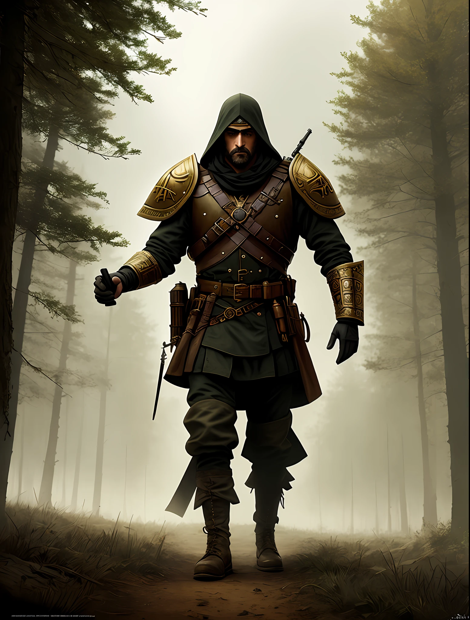 (masterpiece), supreme quality, very detailed, an epic and realistic piece, dieselpunk style with the golden character and old Ottoman warrior as the protagonist, dark and dramatic tones, cinematic scene in forest environment with fog hovering in the middle plane, inspired by the Artstation.