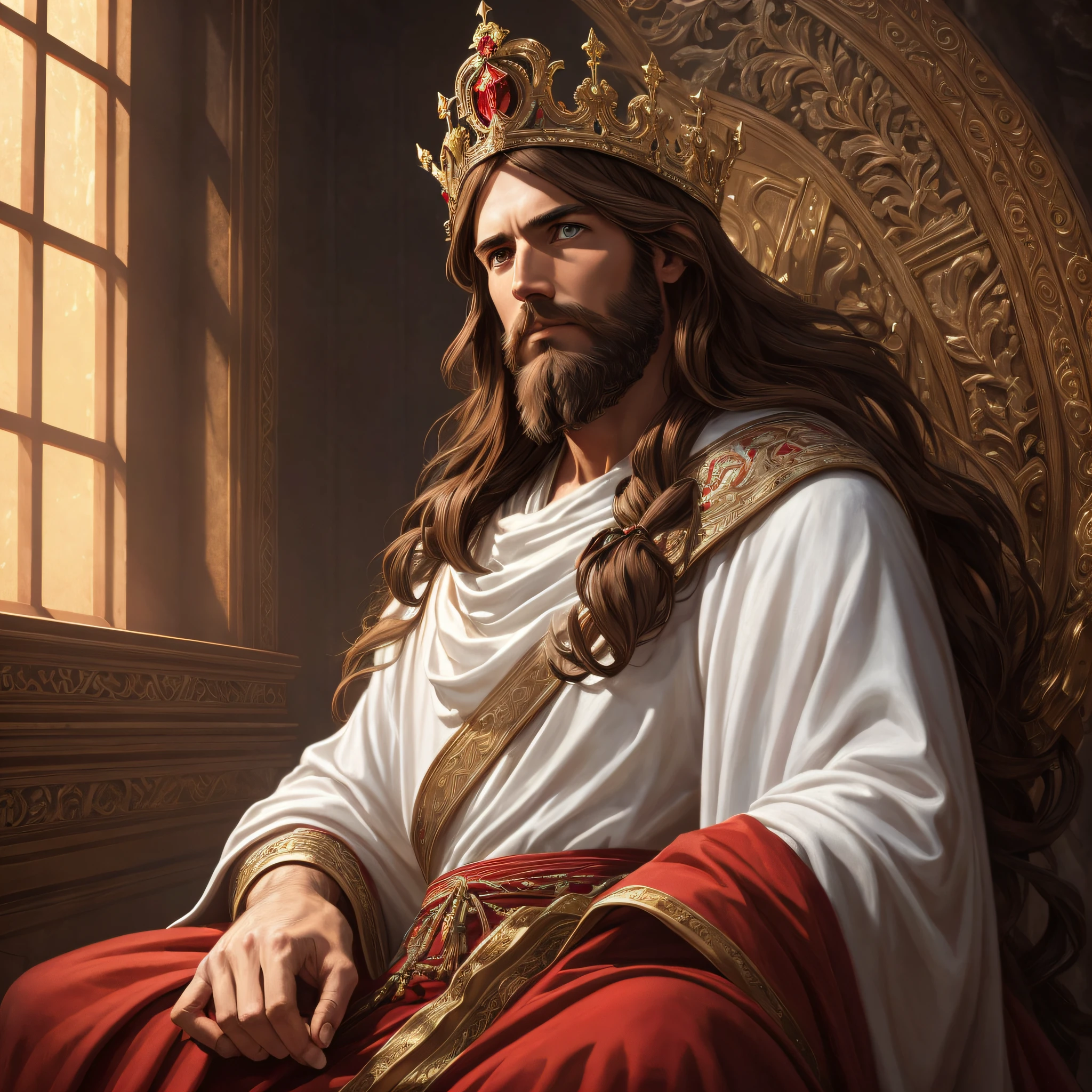 Jesus Christ sitting on the throne, dressed in white and red robe, crown on his head, brown hair and beard, serious face, "background space", masterpiece, best quality, high quality, 8k wallpaper, award-winning photography, HDR, bloom, chromatic aberration, photorealistic, extremely detailed, intricate, high detail, dramatic, art in the middle of the journey, volumetric lighting, art by artgerm and ruan jia and greg rutkowski surreal painting (masterpiece, Side lighting, beautiful finely detailed eyes: 1.2), HDR, 8K, God Ray --auto --s2