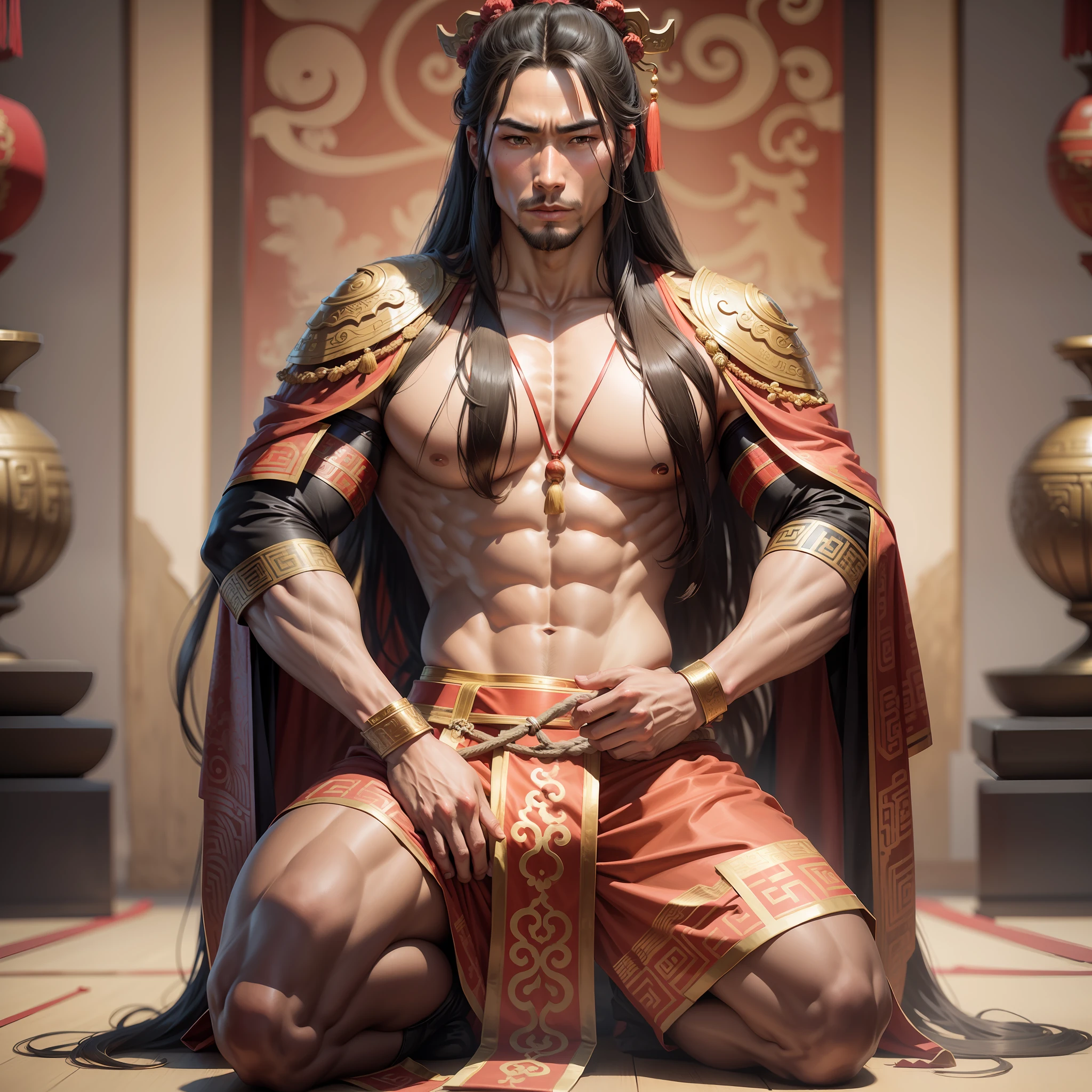 Realistic,Hot muscular Male concubine in the Han dynasty on his knees, wearing ancient revealing Chinese dress with long hair and masculinefeatures. --auto --s2