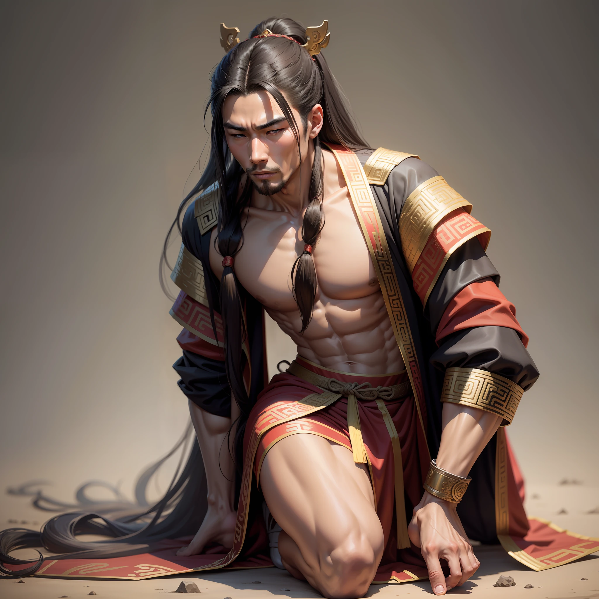 Realistic,Hot muscular Male concubine in the Han dynasty on his knees, wearing ancient revealing Chinese dress with long hair and masculinefeatures. --auto --s2
