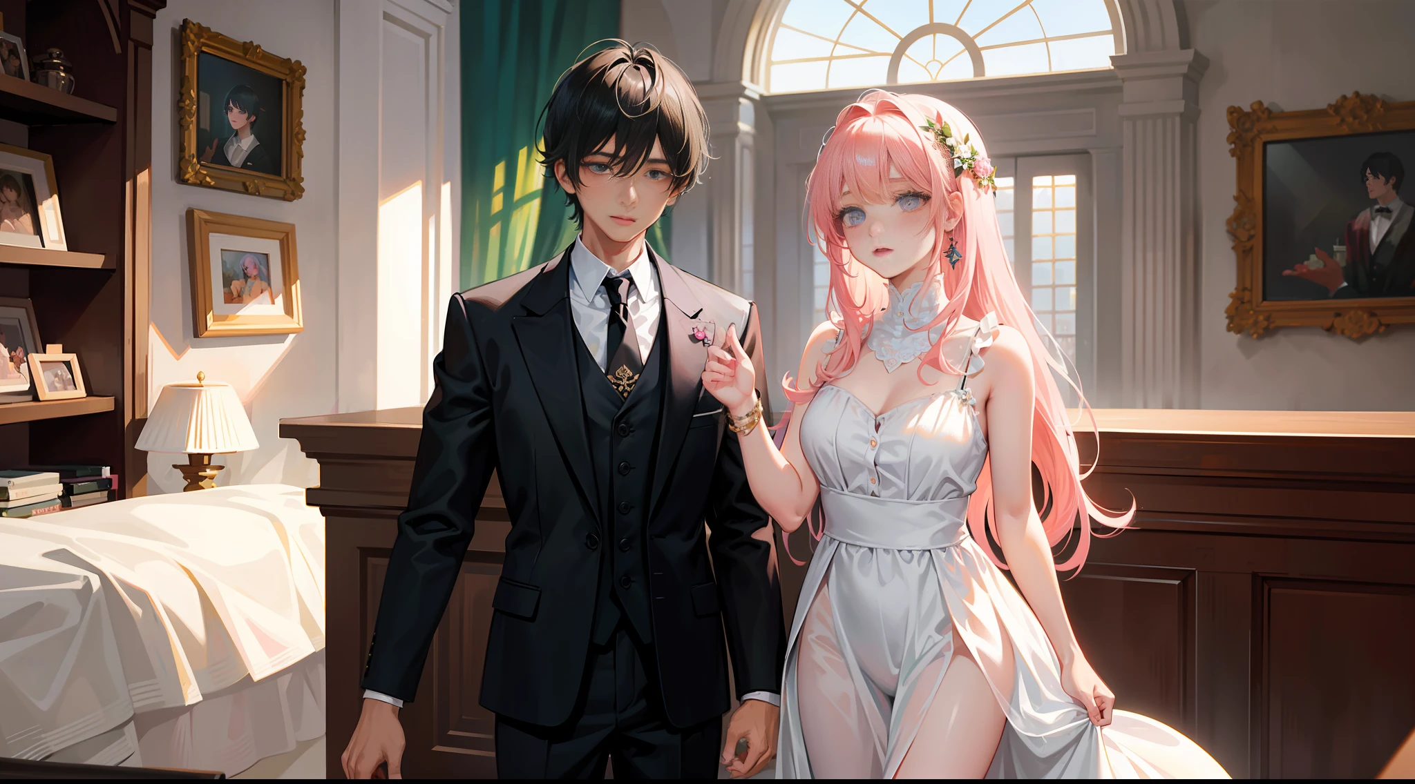 Masterpiece, best quality, super detailed, illustration, beautiful detailed eyes, close up, there is a boy and a girl in the room. It is a white slip dress with pink hair. The boy is black hair, black suit clothes pants. The boy raised his hand and put it on the girl's shoulder