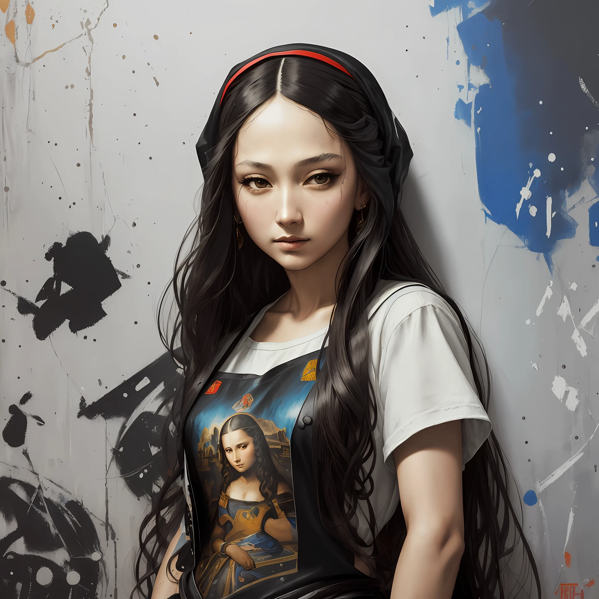 Mona Lisa by Leonado da Vince, a Vietnamese summer punk lady, portrait from head to shoulder, long hair, white T-shirt with black apron, black thighs, holding spray paints, graffiti walls by Stanley Lau Artgerm, Greg Rutkowski, Norman Rockwell, Wlop, Muccia, under the coat of paint, hair --auto --s2