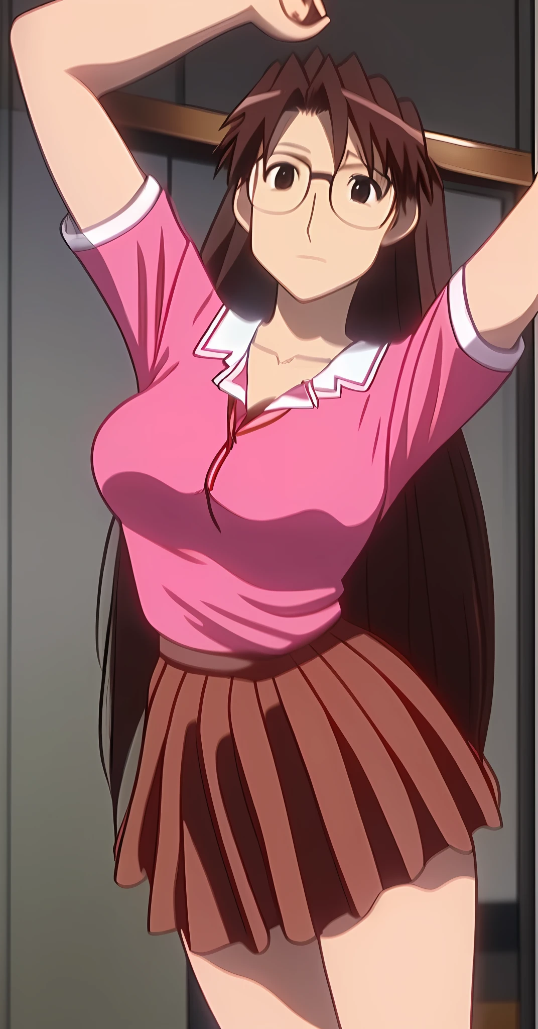 Koyomi Mizuhara, long brunette hair, glasses eyes,  ears, nose, mouth, Big breasts, medium ass, pink red school sailor top, and brown skirt, black stockings, brown slack shoes, white underwear, white bra strap, holding to the pole, train