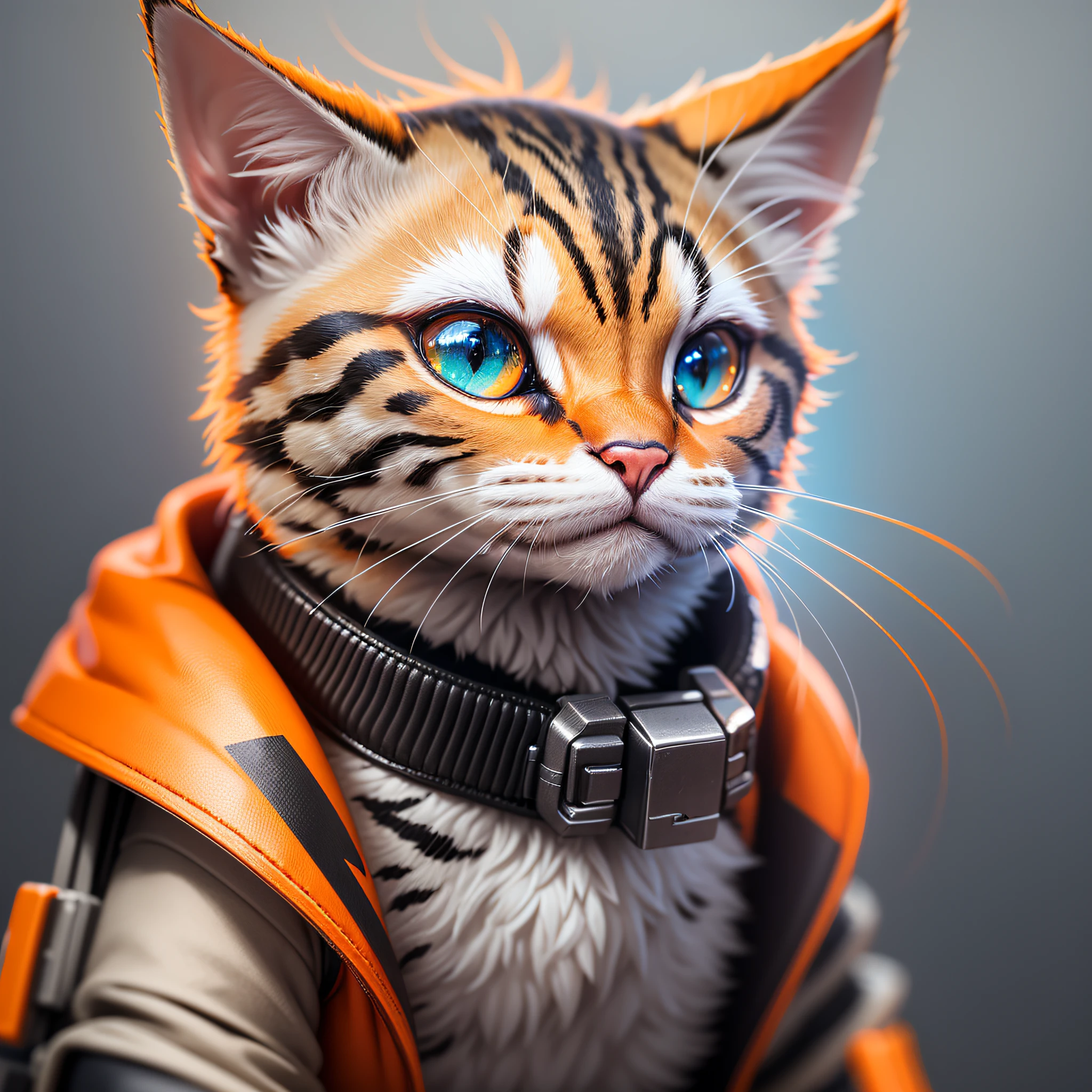 isometric view of a MINI cute hyperrealistic futuristic soldier cat wearing cyberpunk jacket. orange skin. Cinematic, hyper detailed, white GRADIENT background , highly detailed, zoomed out, --auto --s2