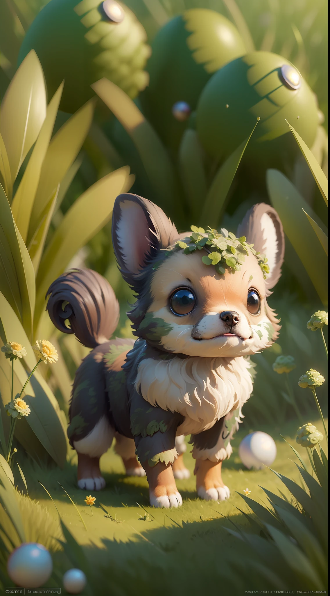(best quality:1.33), (masterpiece:1.42), (realistic:1.24), (detailed:1.15), cute dog, tiny body, standing on a green grass, beautiful 3ds max render, volumetric lighting, global illumination, raytracing, detailed hyperrealism, manga, outer space with stars and planets on background