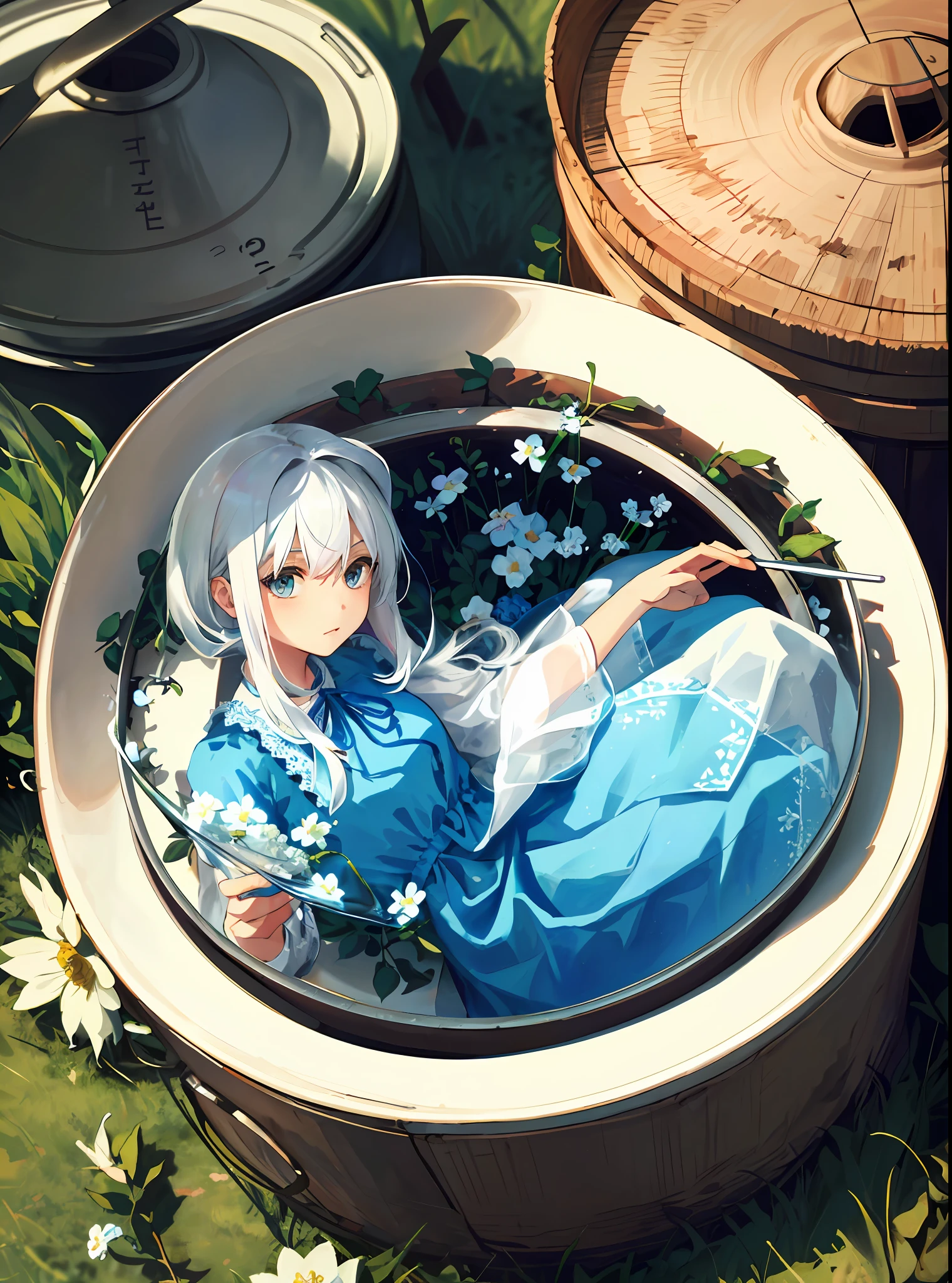 (empty glass container in the shape of a jar) , [((1 girl: 1.4) white hair in a blue dress sitting on the flower and grass): 0.3], masterpiece, best quality, very detailed, small dicky in the middle