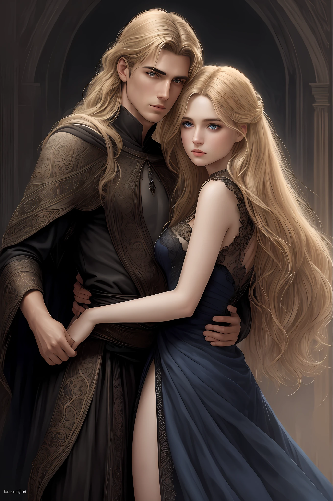 Create an [Comic book Luis Royo art style] affectionate embrace of a couple of a dark-haired man (henri cavil) and a blond girl with [detailed linework], [dynamic shading], and [rich colors]. The young blond girl have [full body], blue eyes [expressive facial features] and [fluid body movements], with close attention paid to [her black liquid sensual dress with black lace veil], (fabric with intricate pattern:1.2), [heart-shaped] face, [delicately proportioned], with a [small nose] and [high cheekbones], full lips, [shinny blond straight medium hair styled], [black eyeliashes and brown], long, full eyelashes that add to her feminine charm, [slim petite body], neck exposed by the hair in a chignon, Lili from the movie Legend, fairy. The man has black hair, dark detailed eyes with shadows on the scleras, pale skin, dark clothes with dark light armor, Henri Cavil.  [althar of an evil temple background] [dark atmosphere]  should showcase [visible skin pores] that add to the realism. [imperfect, uneven, and irregular skin] should be depicted with [specular reflection], [subsurface scattering], and [diffuse reflection], capturing the [fair skin tone] The image should be captured in [natural light], with [soft shadows] that highlight her. The colors should be [RAW] and [vibrant], showcasing the [tragic] elements of the character, while remaining grounded in a sense of [realism]. Aim for a [photorealistic]. The image should have [intricate details]. The overall mood of the image should be [victorian], [ghotic] with a sense of [magic] and [power]. sisters