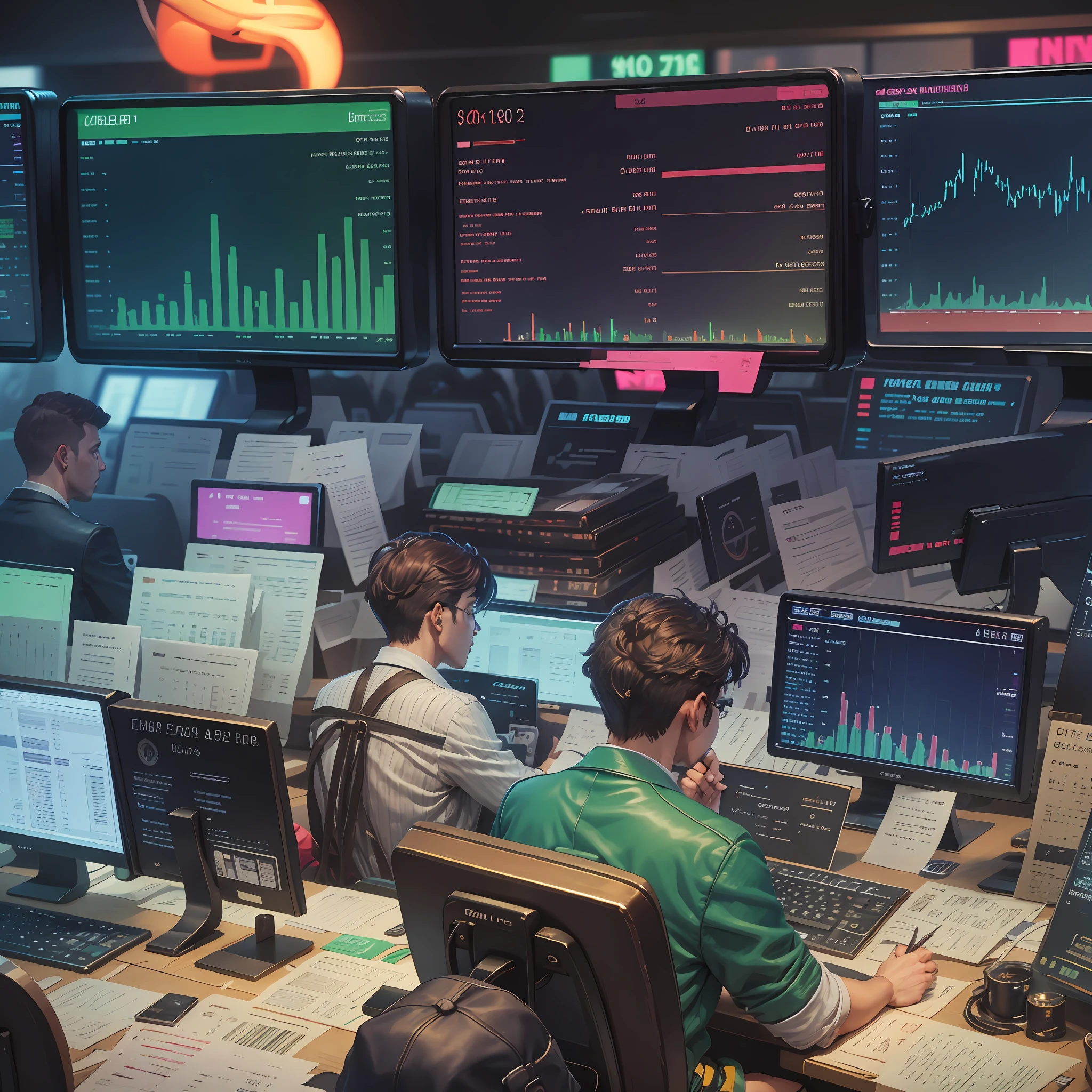Financial market, focusing on stocks and economics, monitors displaying price variation charts, traders in their trading terminals, phones ringing constantly and a hectic atmosphere. --auto --s2