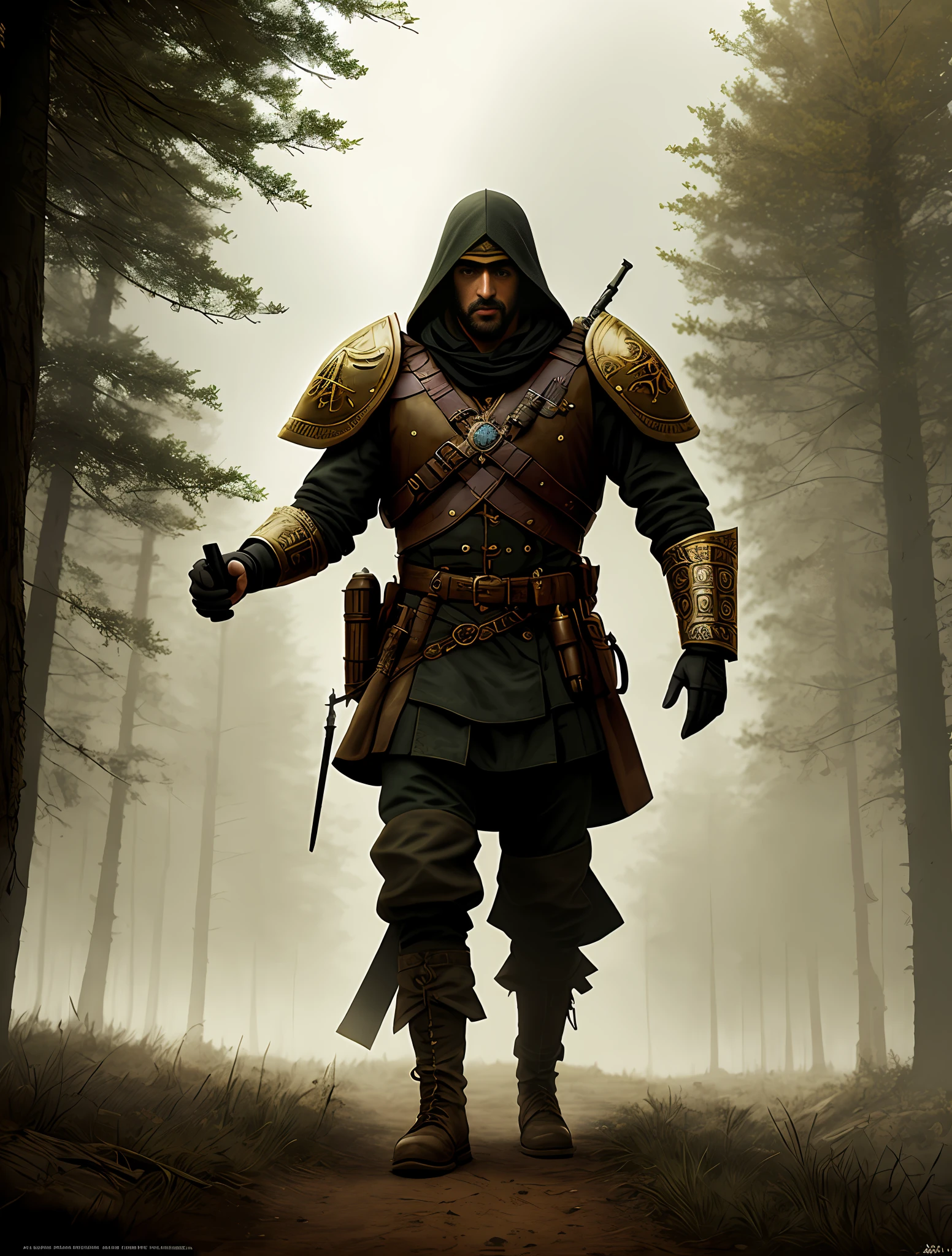 (masterpiece), supreme quality, very detailed, an epic and realistic piece, dieselpunk style with the golden character and old Ottoman warrior as the protagonist, dark and dramatic tones, cinematic scene in forest environment with fog hovering in the middle plane, inspired by the Artstation.