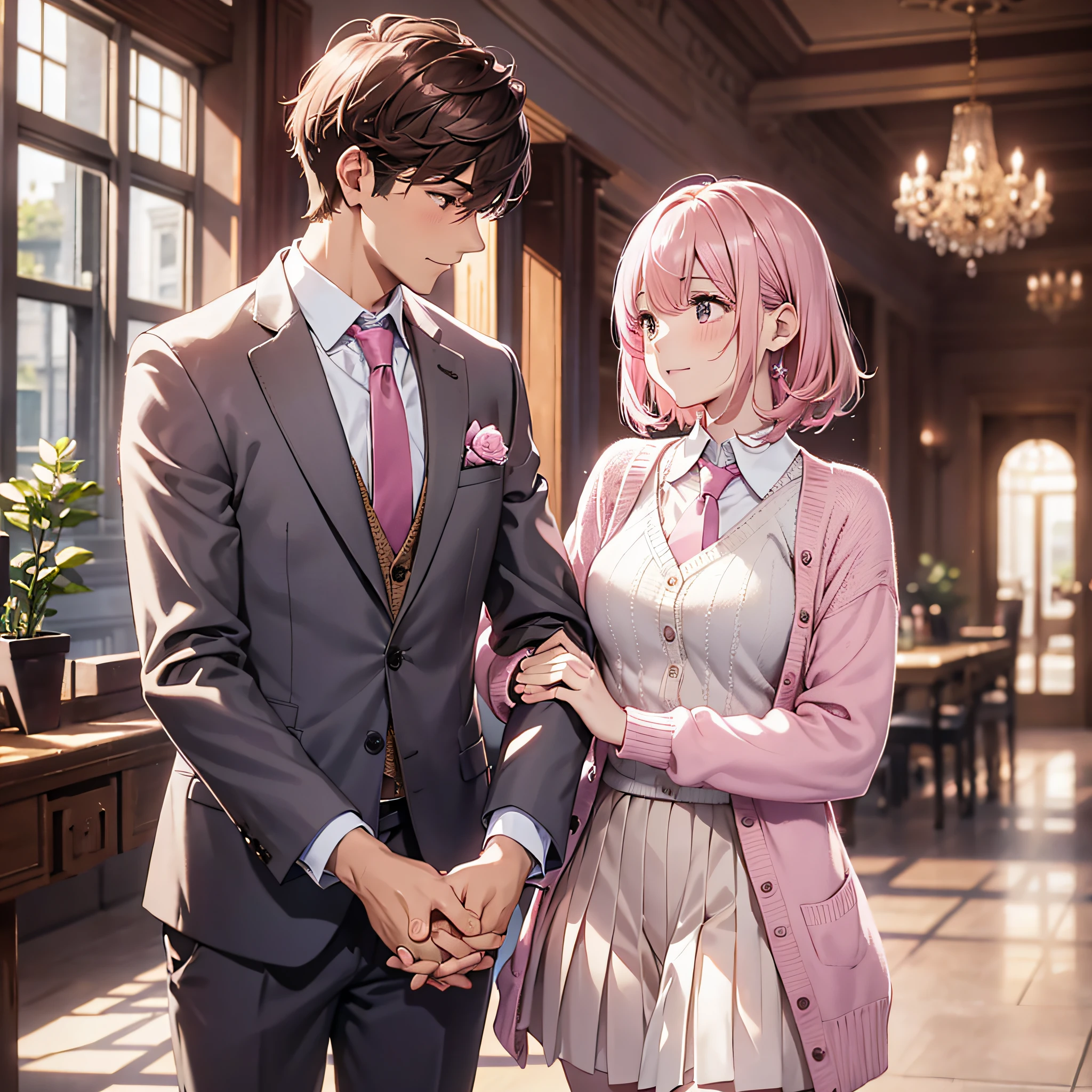 A couple holding hands, short brown hair and man in suit, pink hair wearing light pink tie, light pink knitted cardigan, white lace pleated skirt woman, in the banquet hall