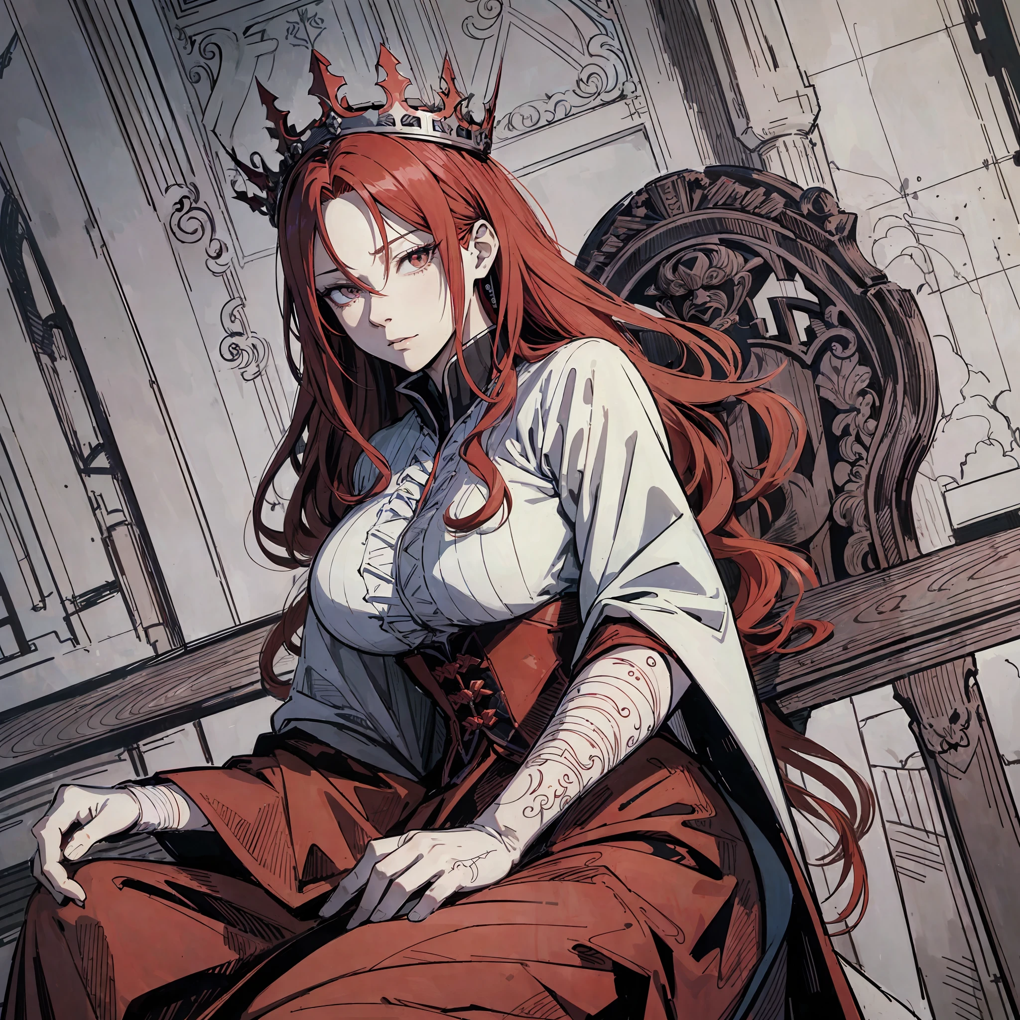 (open image) (jujutsu kaisen style), (line art:1.5), (1 woman:1.3), ((color)), English, royal robes, crown on her head, long red hair, (masterpiece, sitting on the royal throne, evil expression,superior quality, better quality), well detailed strokes, extremely detailed background, good composition, good anatomy, perfect lighting, good shading, (realistic:1.3), --auto --s2