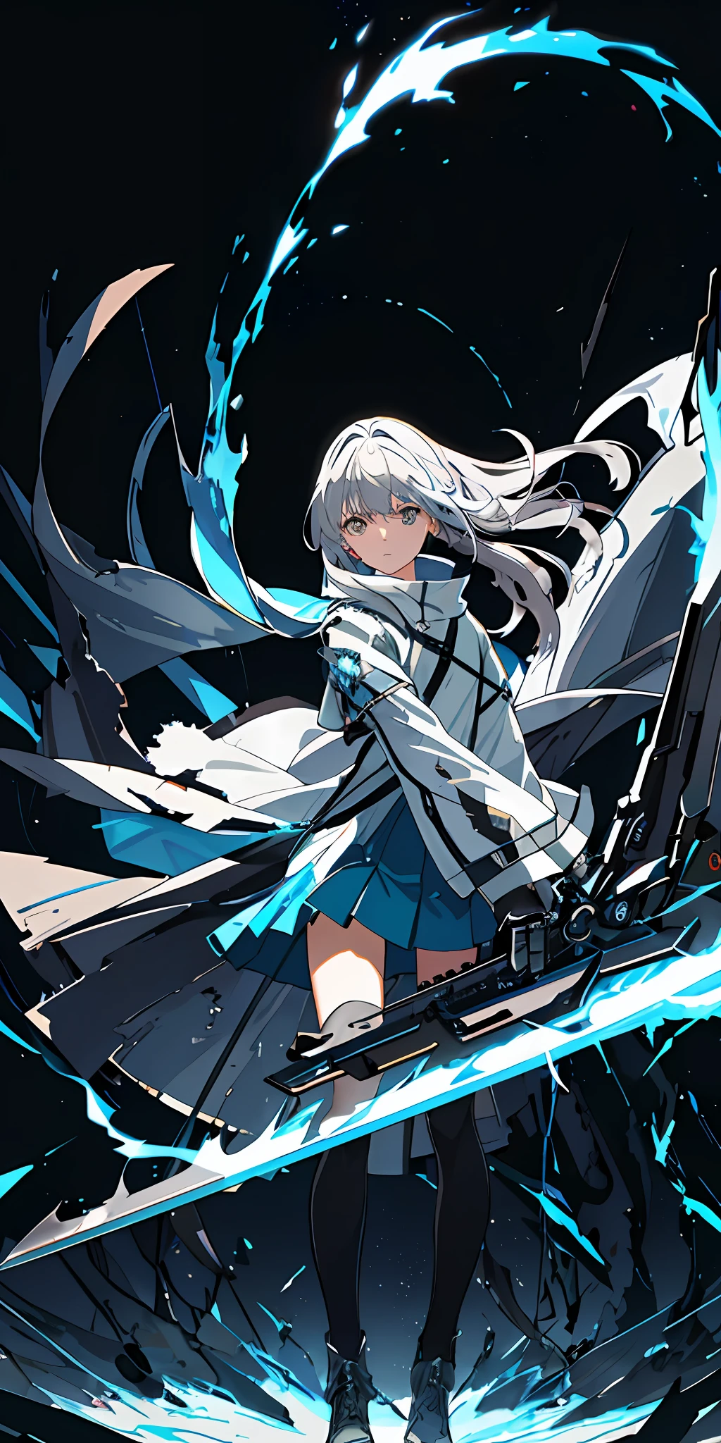 (masterpiece:1.2), high resolution, ray tracing, Neon-light-effect, slow motion, light caustics effect, (solo anime girl:1.1), (wrecked burning gigantic machine on background:1.3), a blue flaming great sword, cool stance, low stance, glowing skin, opened clothes, loose-fitting silhouette hooded blouson, oversized t-shirt, zettai ryouiki, night, a light gray hair blue dyed ends, futuristic parts on clothes, realistic lighting and shadowing