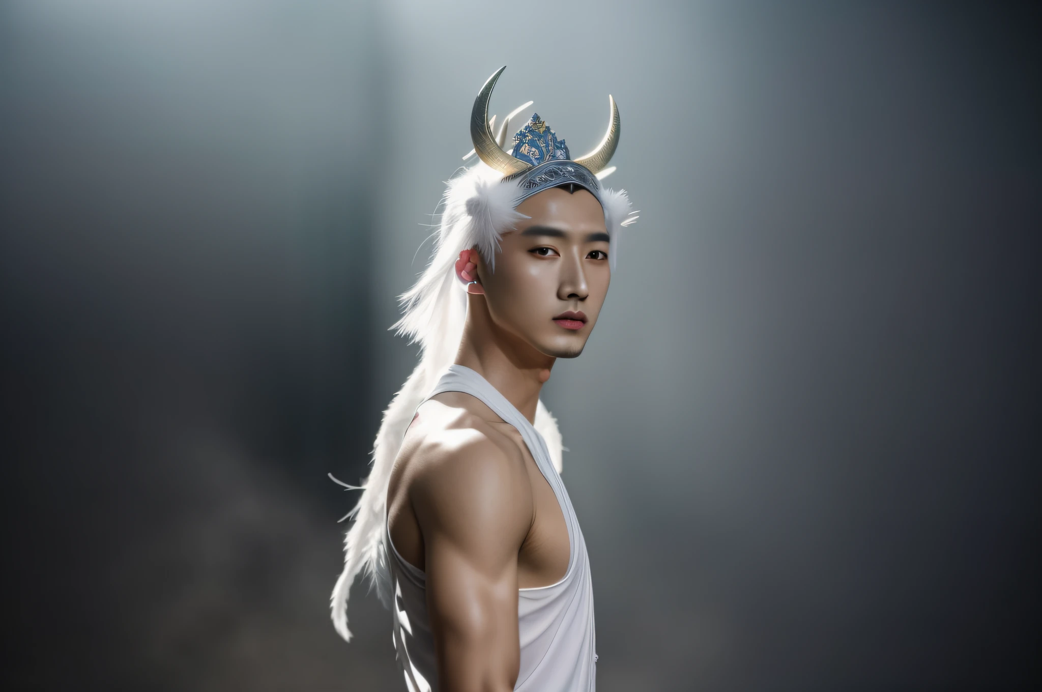HD 4k, Arad man in white dress, crown on his head, male demon with white horns, delicate hermaphroditic prince, Chen Xintong, beautiful hermaphroditic prince, inspired by Xia Yong, inspired by Dai Jin, inspired by Pan Tianshou, epic non-binary model, white long hair, white long hair, Cai Xukun