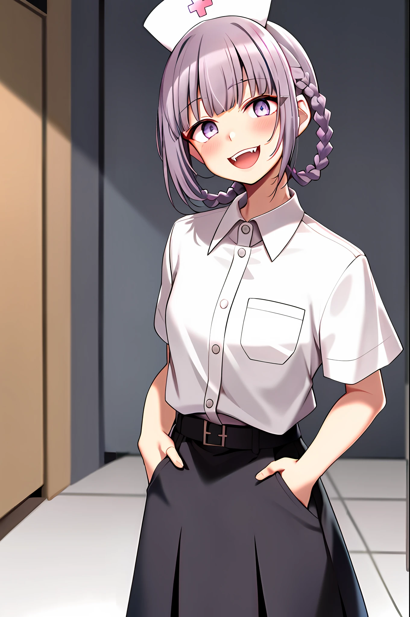 ((nanakusa nazuna)), 1girl, :d, bangs, black skirt, blue eyes, blunt bangs, braid, indoors, head tilt, (canine fangs), heart, light blush, looking at viewer, (white nurse dress), nurse hat, open mouth, purple hair, shirt, short hair, side braid, single braid, skirt, smile, solo, teeth, upper teeth only, white shirt, ((hands in pockets)), (vampire)