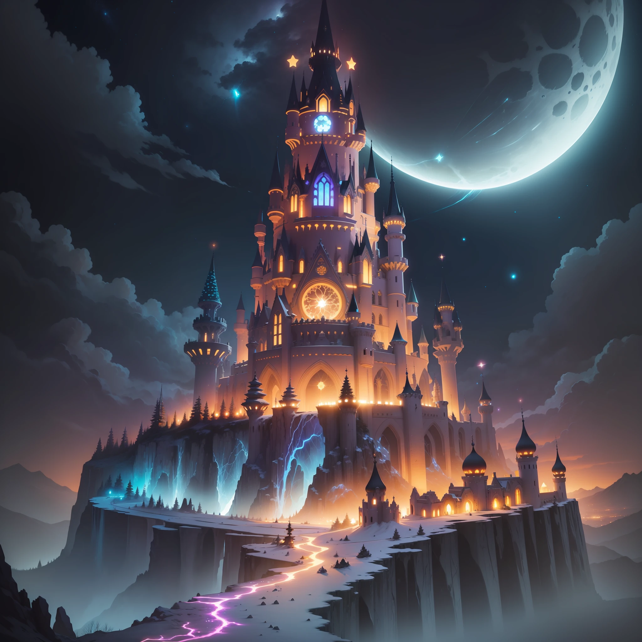 gemstones, tshee00d, vector style, bioluminescence, celestial castle on top of a mountain, intricate details, hdr, hyperdetailed, hyperrealism, sharp lighting, game art, key visual, night, colored moon, colorful stars, bats, tree, lightning , dunger skulls