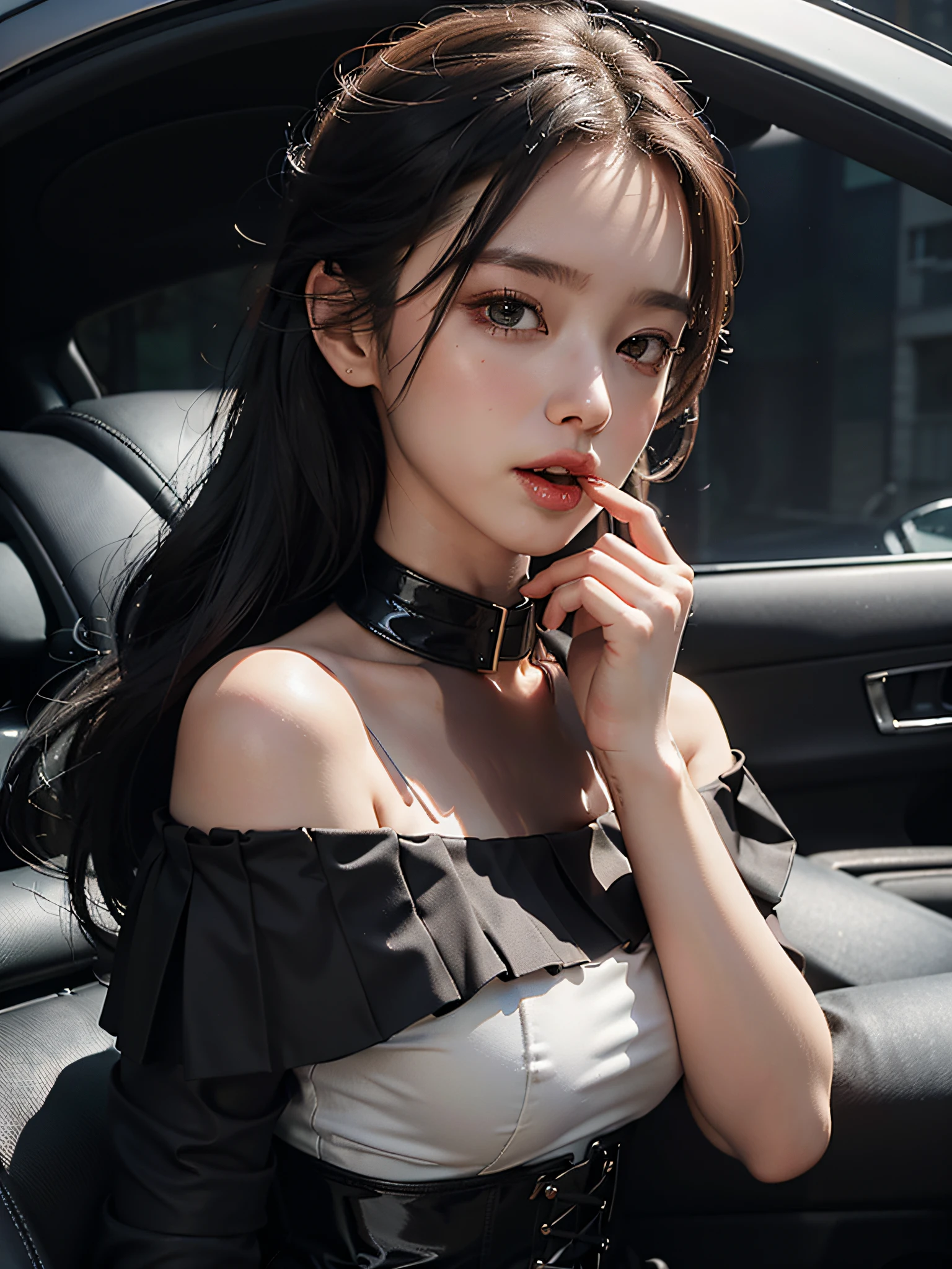 1 girl, off-the-shoulder, light smile, shiny skin
Best Quality, Masterpiece, (Photorealistic: 1.4) Shackles, BDSM, Slave, Rubber, Black Corset, Bondage, Collar, NSFW, ((Best Quality, 8K, Masterpiece: 1.3)), Open Mouth Wide, Spill Milk Out of Mouth, Crisp Focus: 1.2, Beautiful Woman with Perfect Figure: 1.4, Big, Slender Abs: 1.2, Wet Body: 1.5, Very detailed face and skin texture, detailed eyes, double eyelids, in the car, (((licking fingers))),