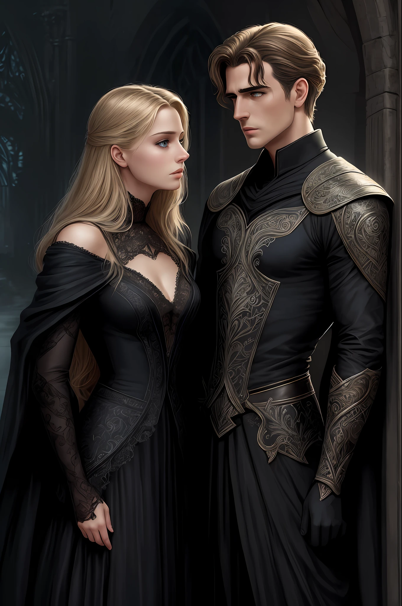 Create an [Comic book Luis Royo art style] couple of a dark-haired man (henri cavil) and a blond girl with [detailed linework], [dynamic shading], and [rich colors]. The young blond girl have [full body], blue eyes [expressive facial features] and [fluid body movements], with close attention paid to [her black liquid sensual dress with black lace veil], (fabric with intricate pattern:1.2), [heart-shaped] face, [delicately proportioned], with a [small nose] and [high cheekbones], full lips, [shinny blond straight medium hair styled], [black eyeliashes and brown], long, full eyelashes that add to her feminine charm, [slim petite body], neck exposed by the hair in a chignon, Lili from the movie Legend, fairy. The man has black hair, dark detailed eyes with shadows on the scleras, pale skin, dark clothes with dark light armor, Henri Cavil.  [althar of an evil temple background] [dark atmosphere]  should showcase [visible skin pores] that add to the realism. [imperfect, uneven, and irregular skin] should be depicted with [specular reflection], [subsurface scattering], and [diffuse reflection], capturing the [fair skin tone] The image should be captured in [natural light], with [soft shadows] that highlight her. The colors should be [RAW] and [vibrant], showcasing the [tragic] elements of the character, while remaining grounded in a sense of [realism]. Aim for a [photorealistic]. The image should have [intricate details]. The overall mood of the image should be [victorian], [ghotic] with a sense of [magic] and [power].