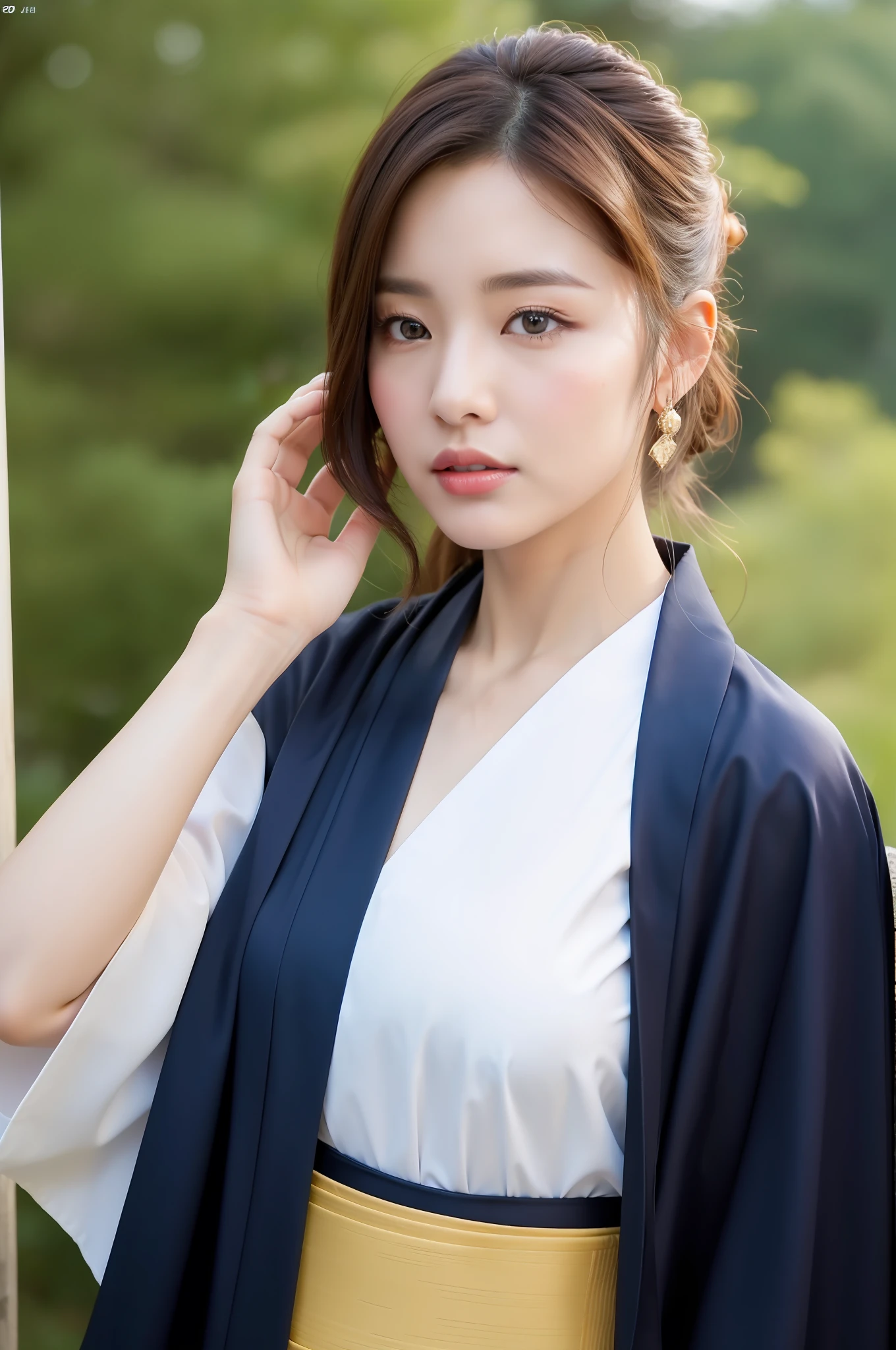 ((Top Quality, 8K, Masterpiece: 1.3)), Sharp Focus: 1.2, (Super Beautiful Face: 1.0), (Glossy Skin: 1.0), Realistic Photos, Black Hair, Realistic Pupils, Movie Lighting, Highly Detailed Eyes and Face, Movie Lighting, (Cowboy Shot: 1.0), (kimono, hakama, obi: 1.15), (Korean Cute Actress), in nature