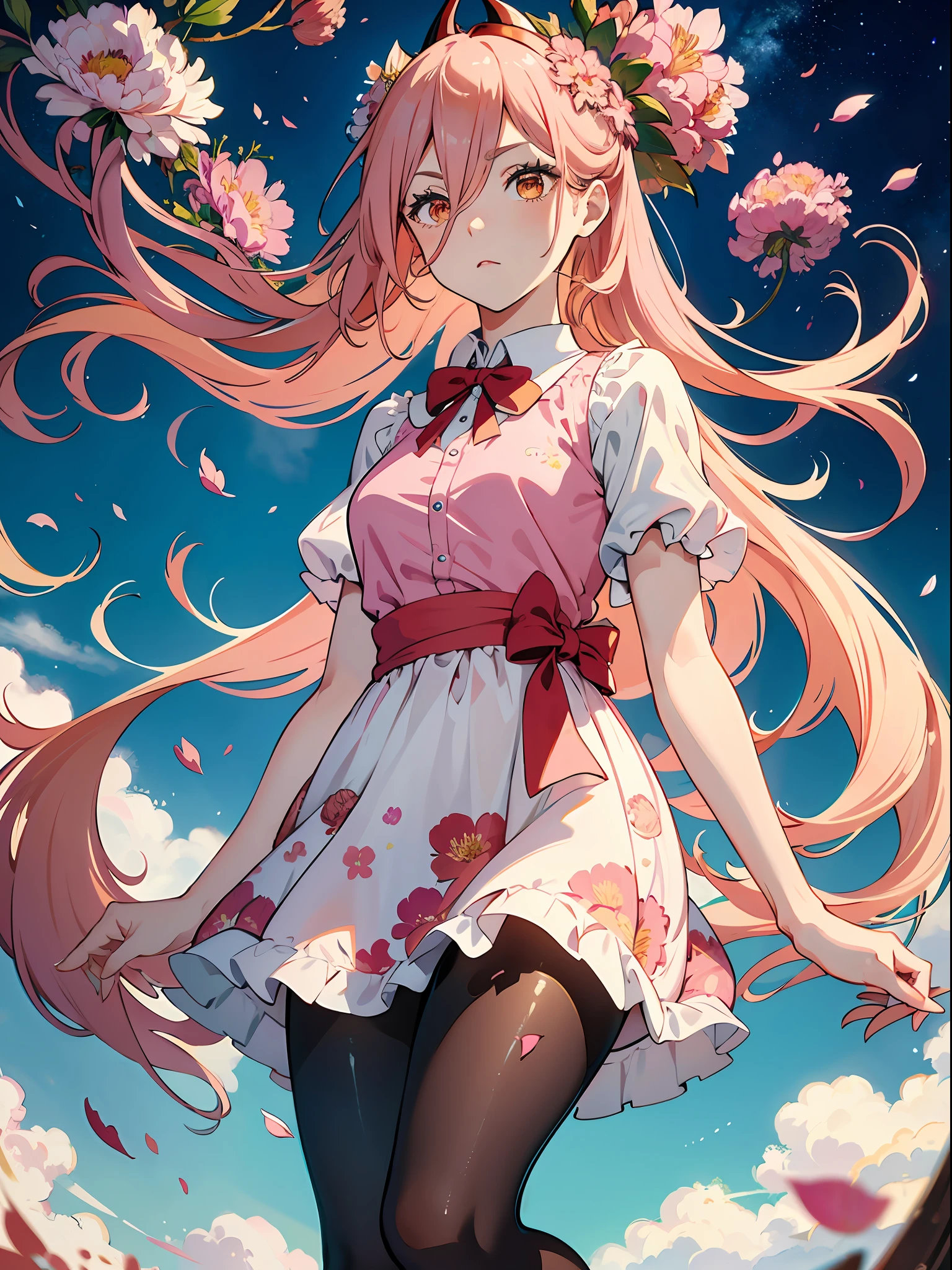 (masterpiece, high quality, high resolution, illustration), blurred background, [(white background: 1.2)::5], cowboy shot, spring \ (season \), (no light: 1.1), (temptation: 1.2 ), elegance , (1loli:1.1),(very long hair:1.1),(blush:0.7),floating hair,ahoge,deep sky,star \(sky\), (summer (Floral:1.2) dress:1.1) , outline , (transparent: 0.85), bright pink hair (polychromatic peony: 1.15), movie poster (colorful: 1.1), ornament, petals, (pantyhose: 1.1), ribbon,