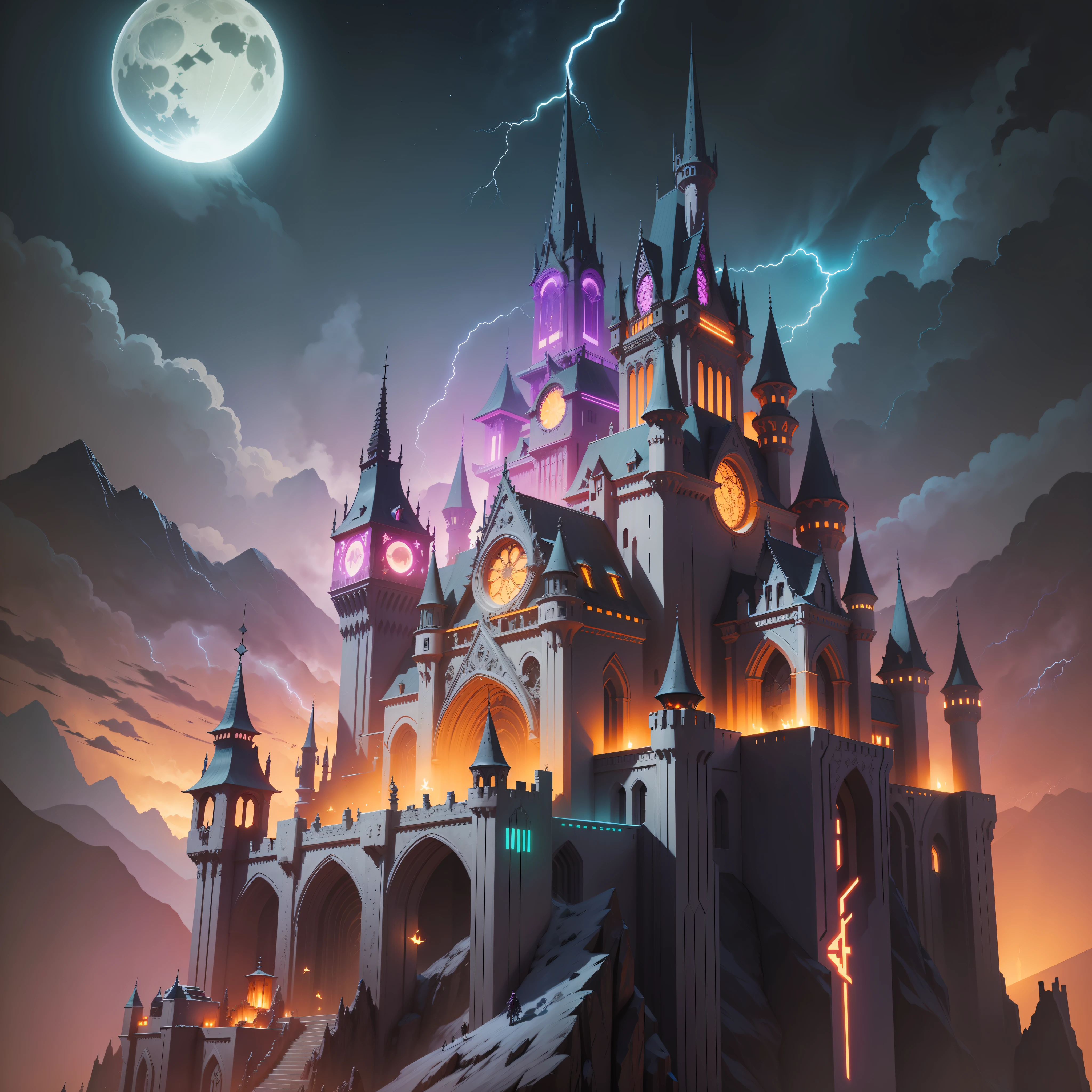 gemstones, tshee00d, vector style, cyberpunk evil castle on top of a mountain, intricate details, hdr, hyperdetailed, hyperrealism, sharp lighting, game art, key visual, night, colored moon, colorful stars, bats, tree, lightning , dunger skulls