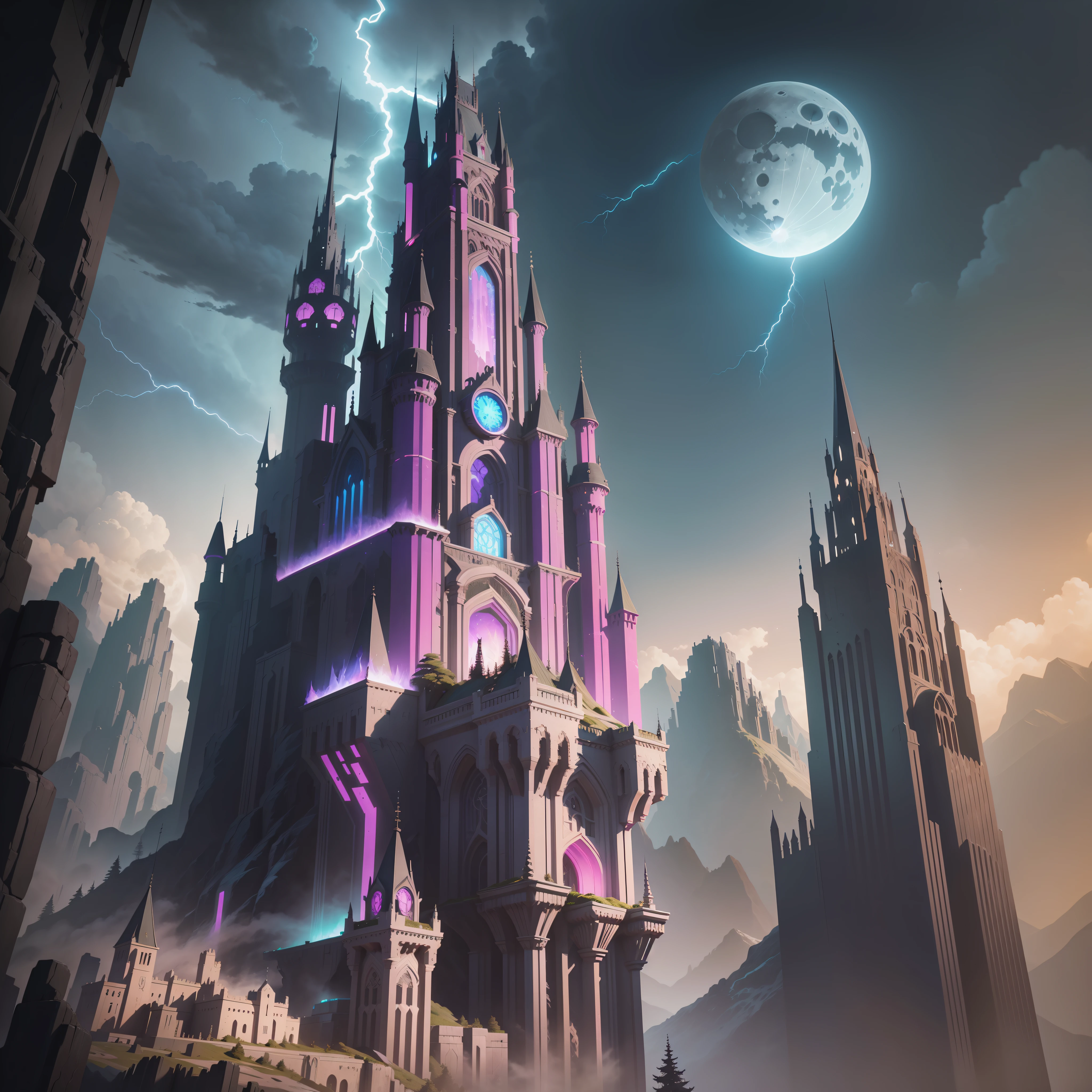 gemstones, tshee00d, vector style, cyberpunk evil castle on top of a mountain, intricate details, hdr, hyperdetailed, hyperrealism, sharp lighting, game art, key visual, night, colored moon, colorful stars, bats, tree, lightning , dunger skulls