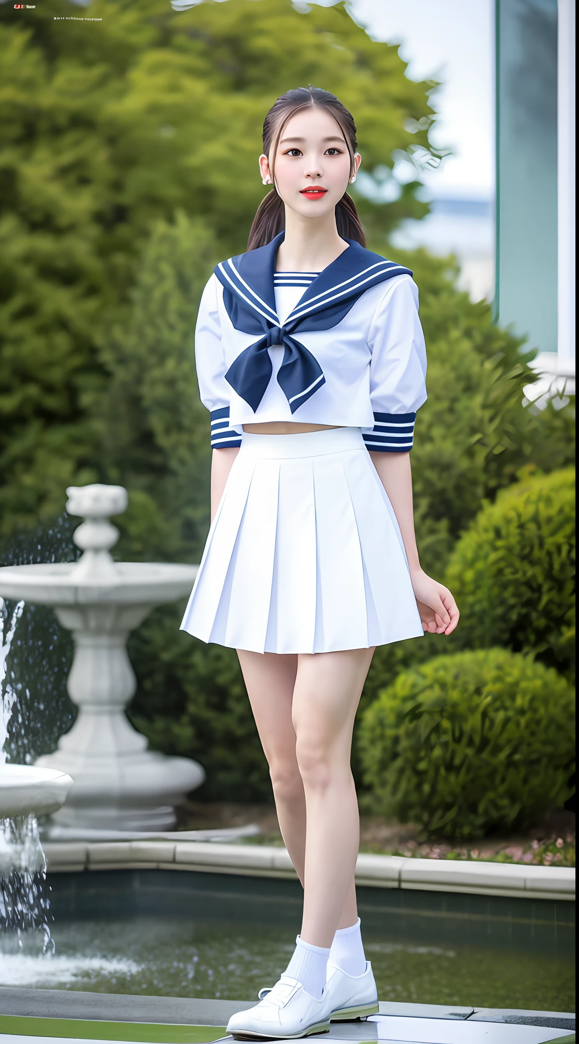 Realistic photos of shoulder length hair, ponytail, thin makeup, (small breasts), fountain, clear facial features, 8K high resolution, sharp and realistic details, full body, high school uniform, white skin, white sailor suit, mini skirt, pleated skirt, f/4.0, 135mm, fujifilm, jpeg artifact, dithering, UHD, masterpiece, wind, cherry, blur, skirt lift, white pants,