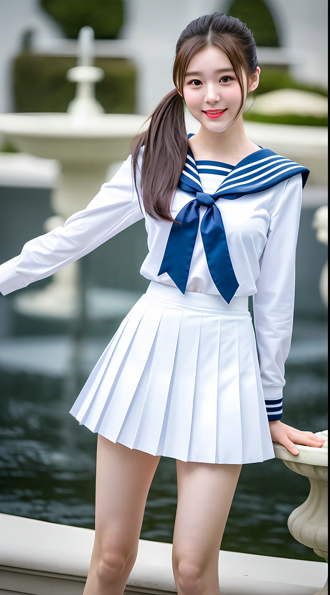 Realistic photos of shoulder length hair, ponytail, thin makeup, (small breasts), fountain, clear facial features, 8K high resolution, sharp and realistic details, full body, high school uniform, white skin, white sailor suit, mini skirt, pleated skirt, f/4.0, 135mm, fujifilm, jpeg artifact, dithering, UHD, masterpiece, wind, cherry, blur, skirt lift, white pants,