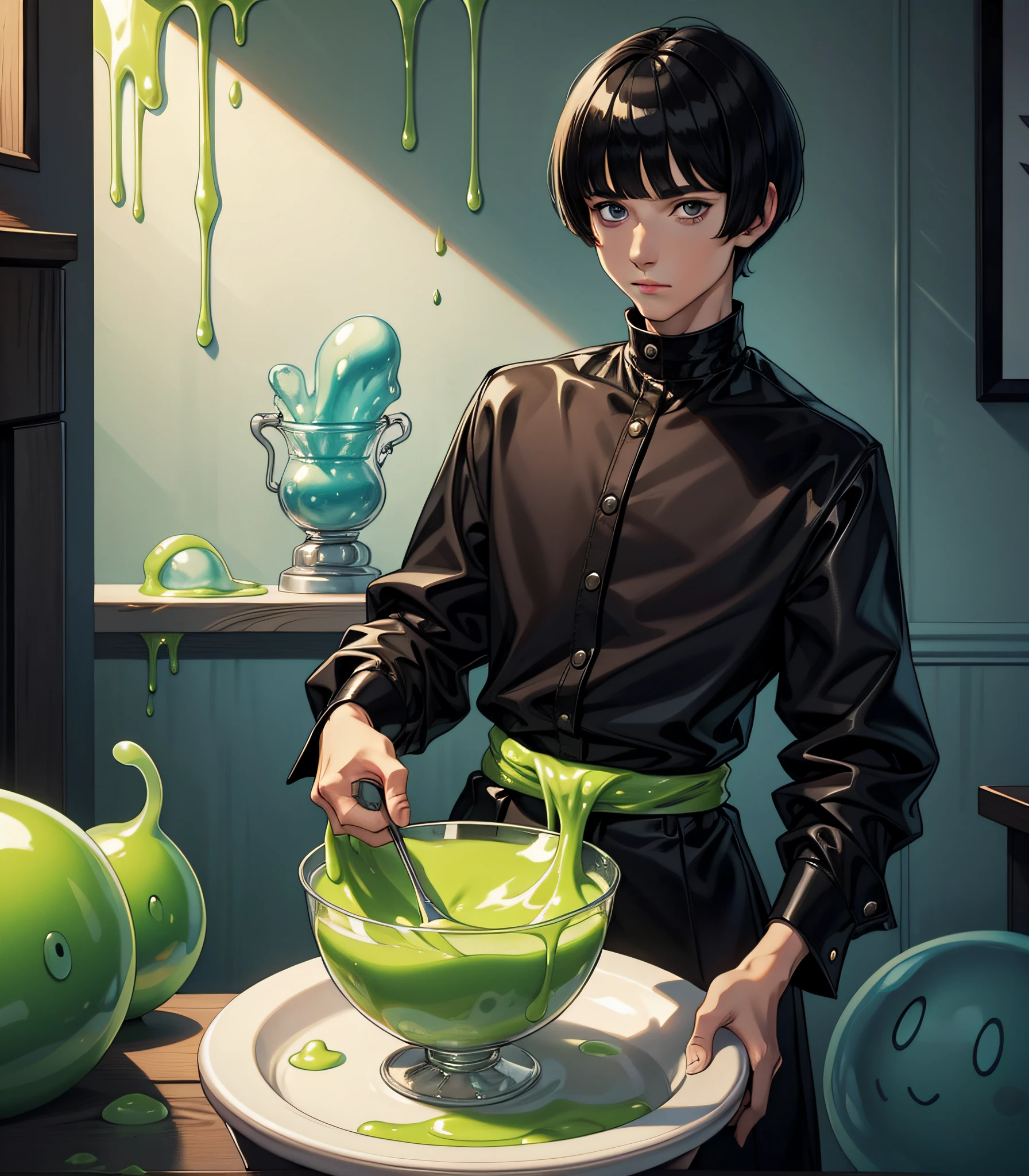 Slime boy, (slime) , Bowl cut hair style, Platinum black, preppy clothing, Masterpiece, Best Quality