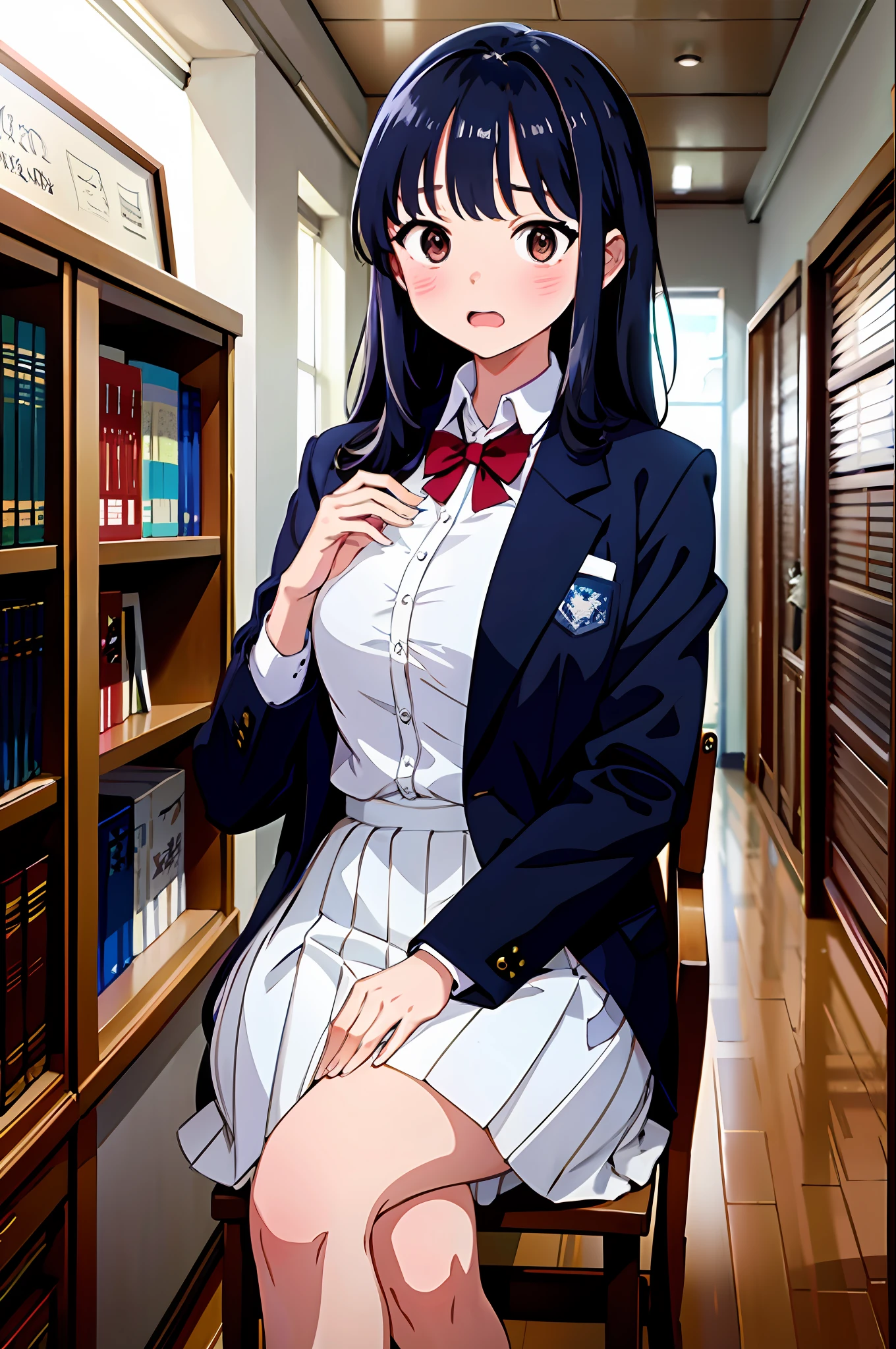 masterpiece, absurd, super detailed, anna yamada, long hair, long sleeves, open coat, room, school uniform, 1 girl, brunette hair, blue pleated skirt, blazer, blush, white collar shirt, solo, (eat spoon: 1.5), blush, angry, candy on the table, outdoors, (sitting in the library: 1.5), open mouth, (masterpiece: 1.2), high resolution, best quality, 8k, very clear,