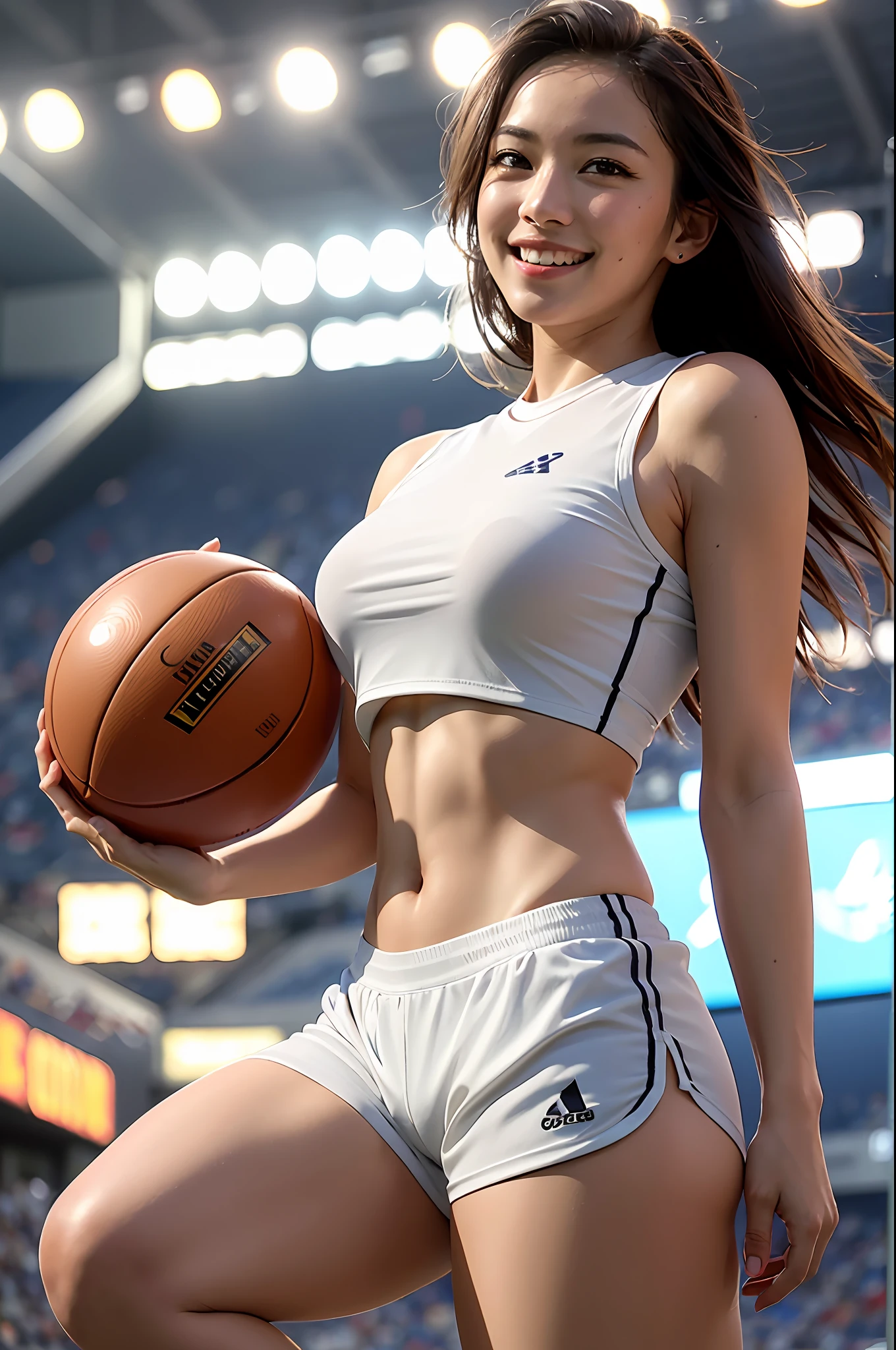 Top quality, masterpiece, ultra high resolution, (photorealistic: 1.4), highly detailed, professional lighting
Smile, football, stadium, tight sticky crop top and shorts. Camel toe, angle from the side