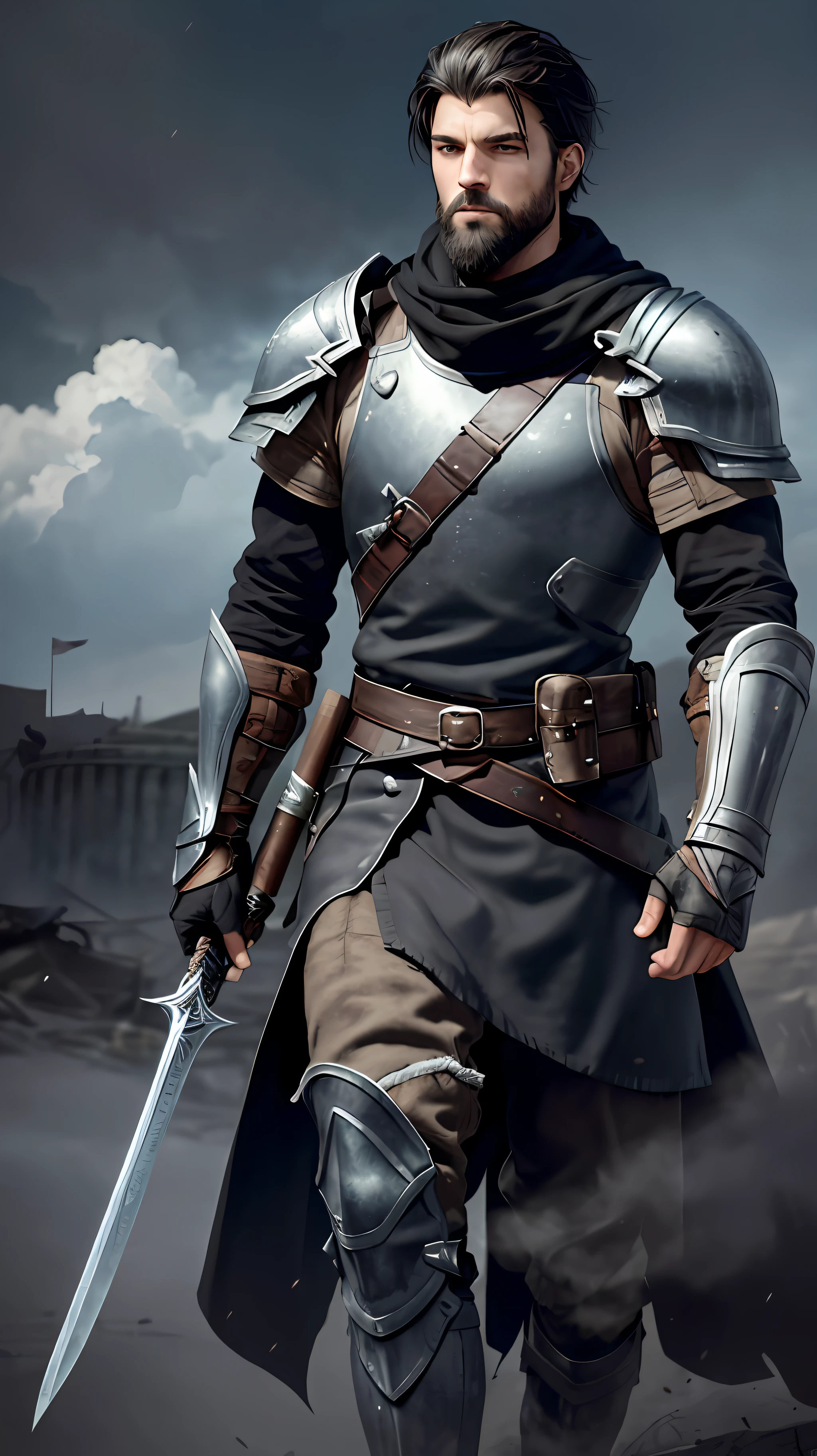 Ethan is a tall, muscular man with short black hair and a neatly trimmed beard. His eyes are intense, bluish-gray in color, conveying determination and courage. Clothing: He wears sturdy leather armor with silver metal accents. His high boots and combat gloves complement his warrior appearance. A dark cloak, adorned with an emblem of a wolf, wraps around his shoulders. Ethan is on a battlefield, with the sky overcast and gray. The ground is covered with dust and war debris. In the background, stands an imposing fortress, where the battle unfolds. The sound of swords clashing and war cries fill the air as Ethan prepares to lead his comrades in the fight.