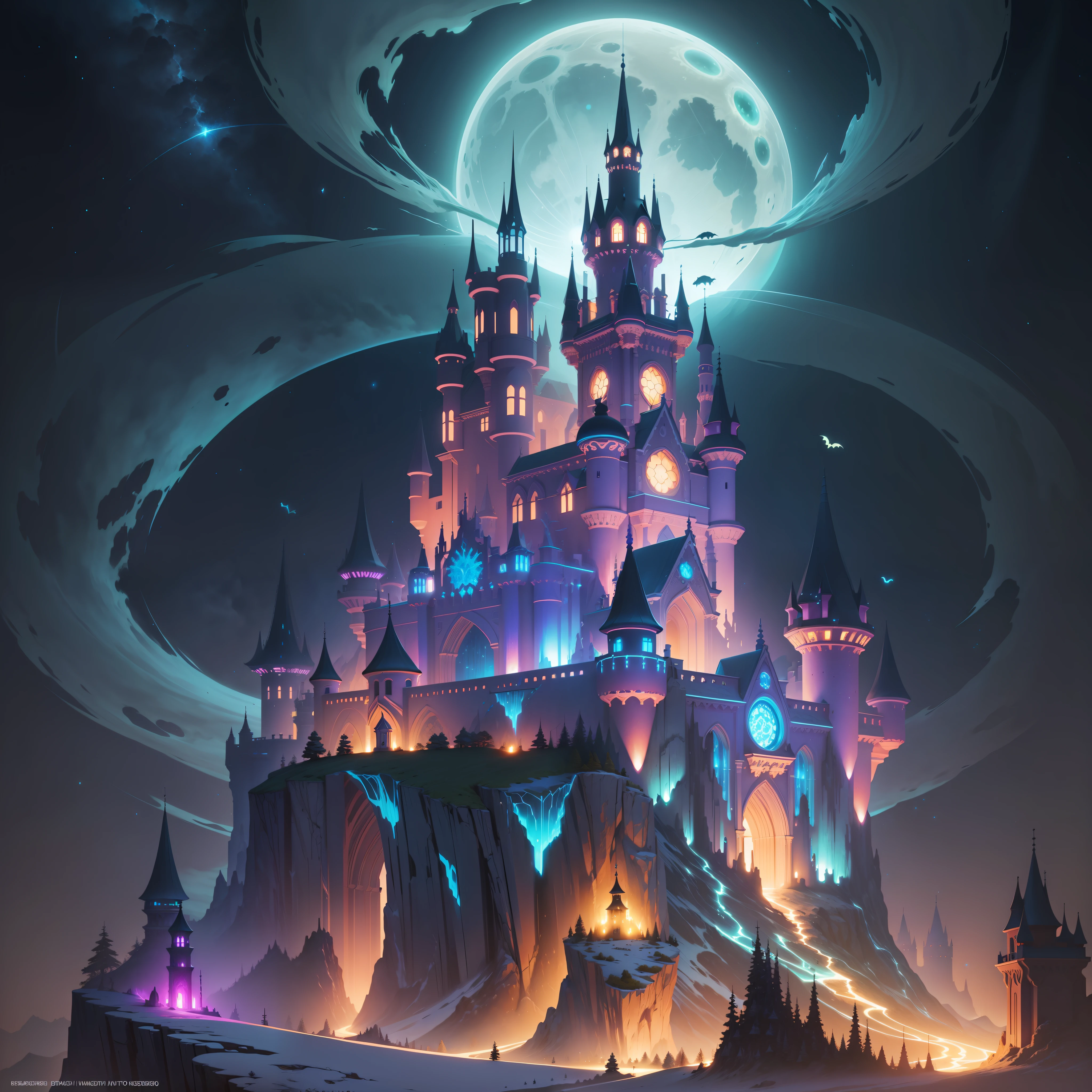 gemstones, tshee00d, vector style, bioluminescence, celestial castle on top of a mountain, intricate details, hdr, hyperdetailed, hyperrealism, sharp lighting, game art, key visual, night, colored moon, colorful stars, bats, tree, lightning , dunger skulls
