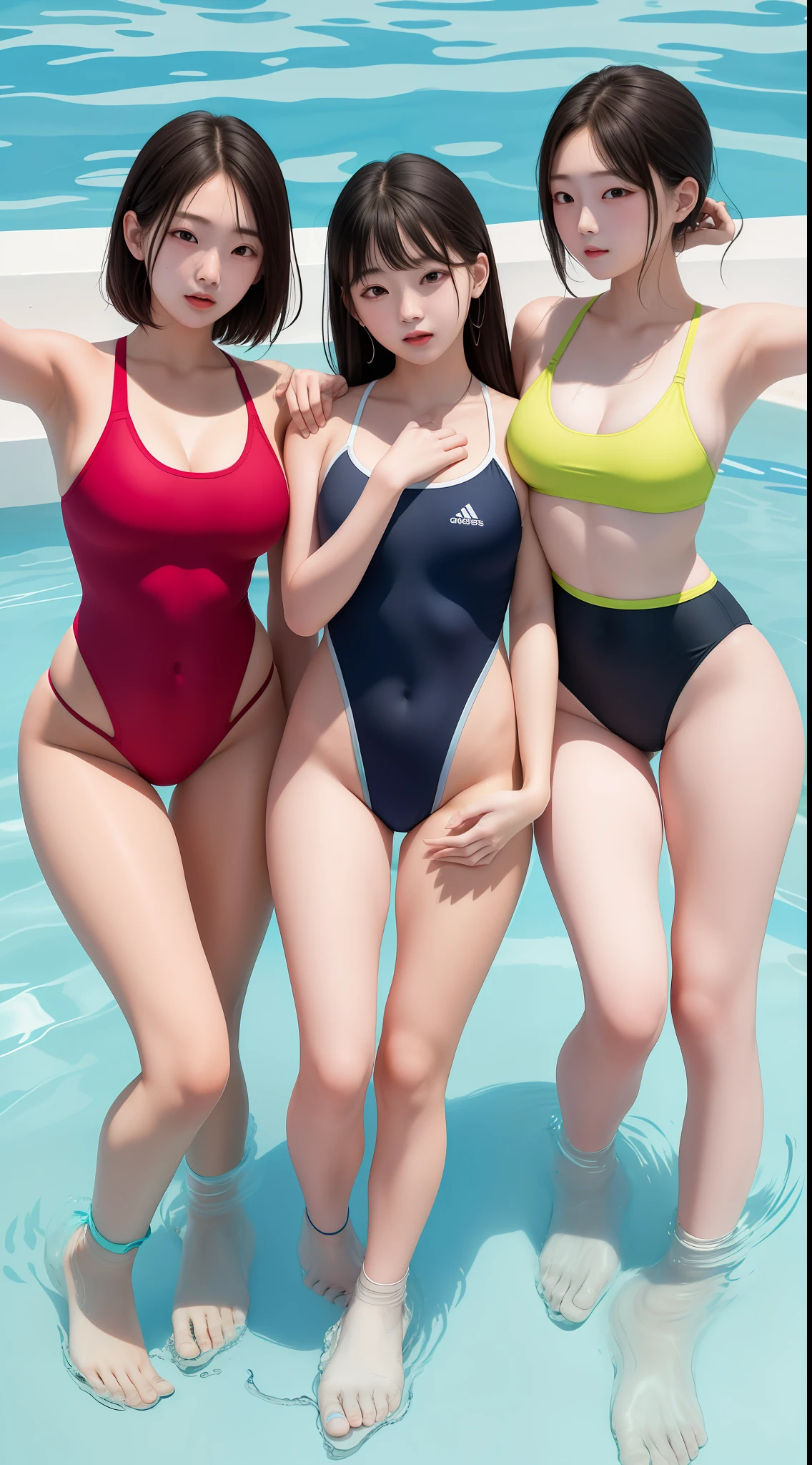 Multiple girls, 5 people, (aligned), side by side, big, from the bottom (masterpiece, high quality: 1.2), kpop, wet, squinted, embarrassed look, Korean makeup, high-leg swimsuit, colorful swimsuit, nasty swimsuit, perforated swimsuit, ass out, erotic. Inviting gestures, confinement