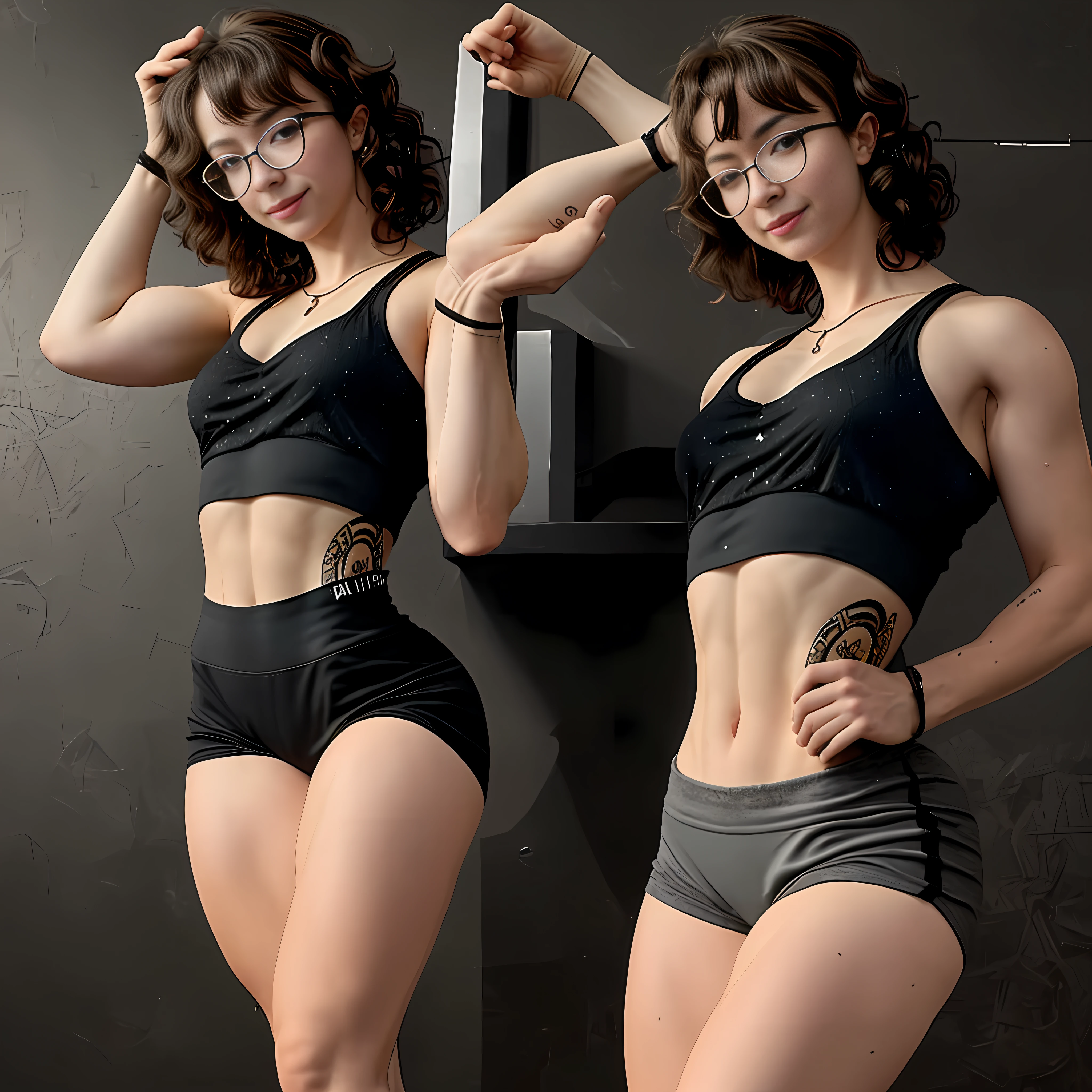 l34nb33fp4tty, full body photo of a beautiful woman, 8k resolution, highest resolution, beautiful quality, best quality, photorealistic, masterpiece, detailed lighting, bokeh wearing glasses, wearing black tank top and black bodycon shorts, messy hair, wavy hair, midriff