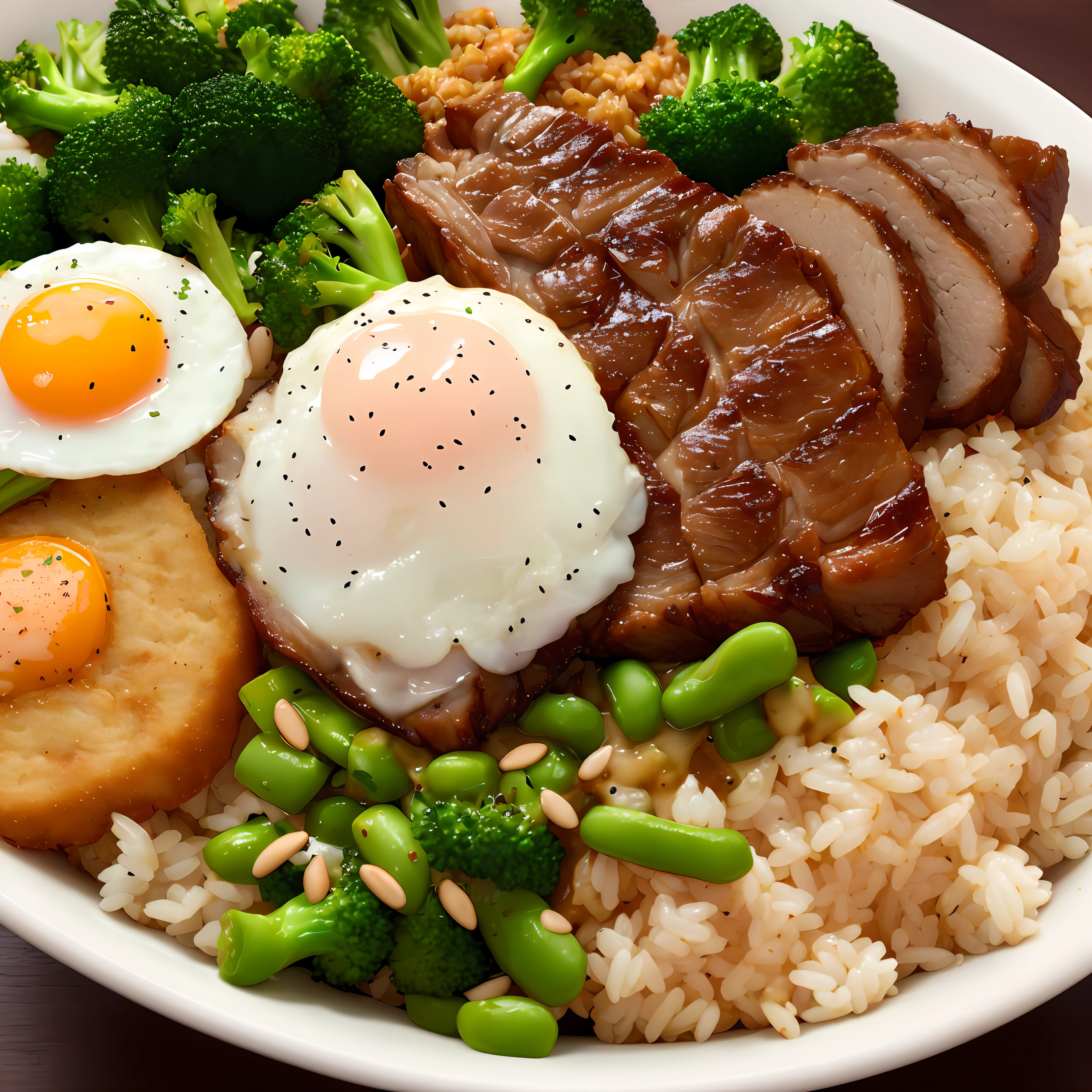 Dog on the side, animation, high quality, high resolution, rice bowl, fried egg, braised pork, diced radish, beans, rice, broccoli