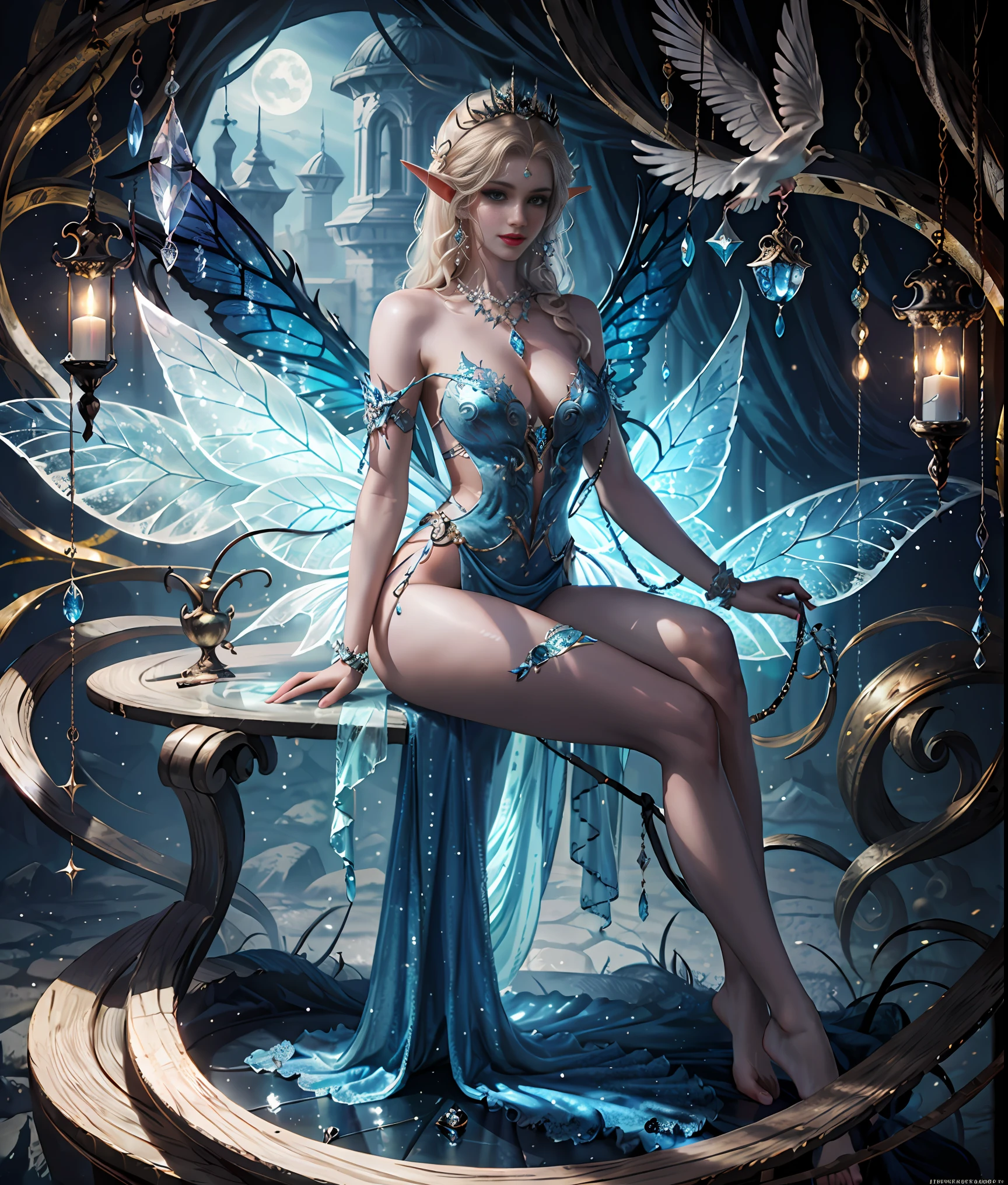 there is a woman sitting on a bench with a fairy costume, beautiful fantasy art, beautiful and elegant elf queen, detailed fantasy art, fantasy art behance, detailed fantasy digital art, very beautiful fantasy art, beautiful detailed fantasy, fantasy gorgeous lighting, amazing fantasy art, beautiful faery sorceress, beautiful adult fairy queen, beautiful fantasy maiden, portrait of fairy